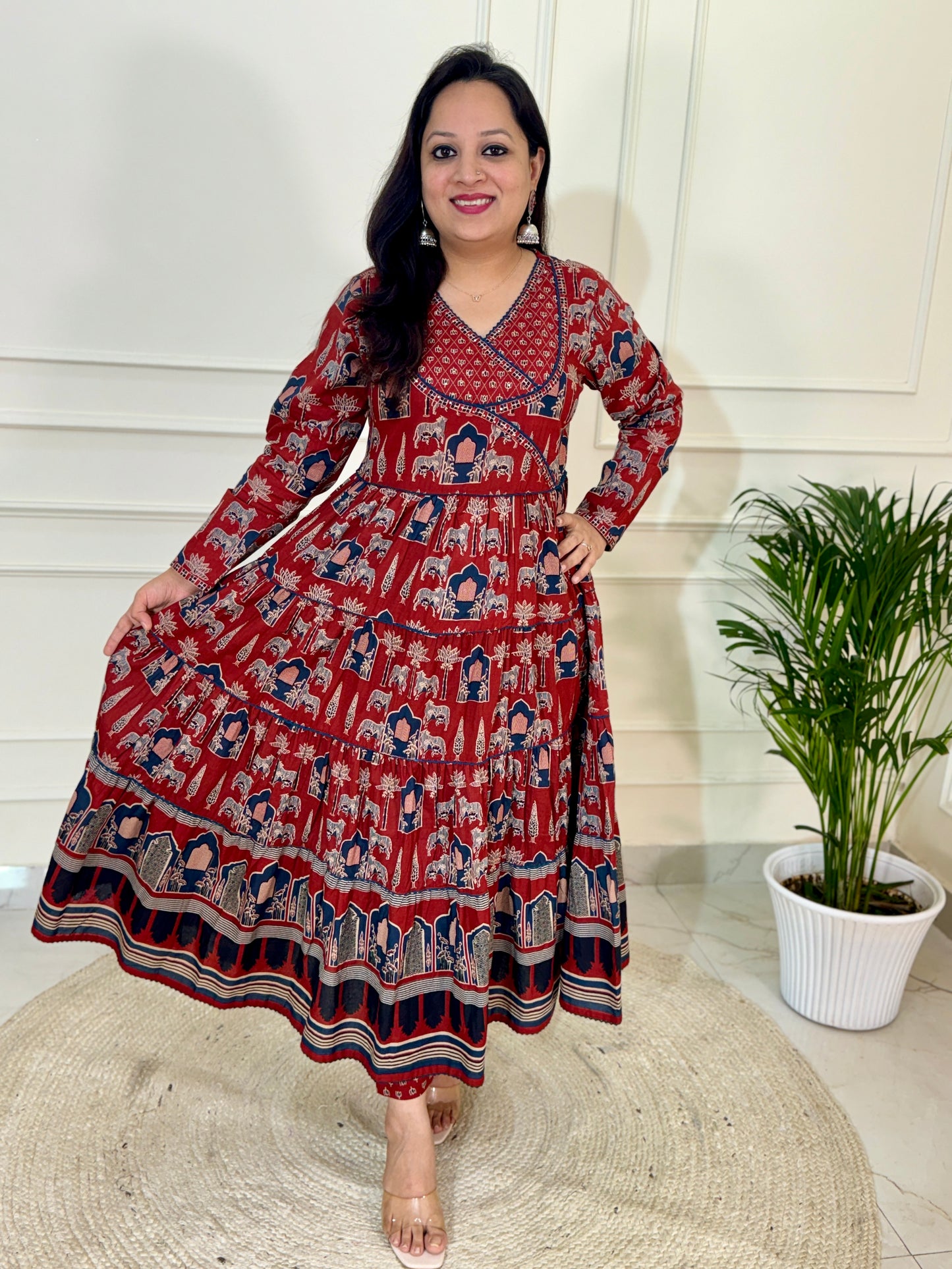 Kaara Ajrakh Layered Anarkali Suit set-Red Colour
