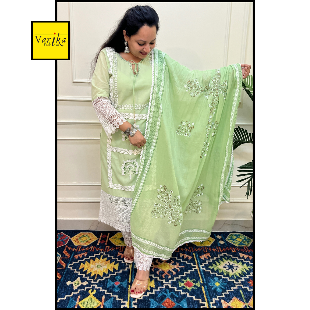 Mul Cotton Hand Embroidered 3 Piece Suit with Mul Dupatta Green Colour