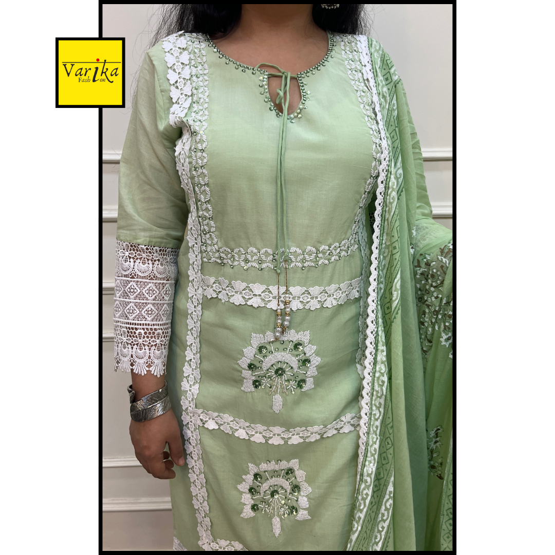 Mul Cotton Hand Embroidered 3 Piece Suit with Mul Dupatta Green Colour