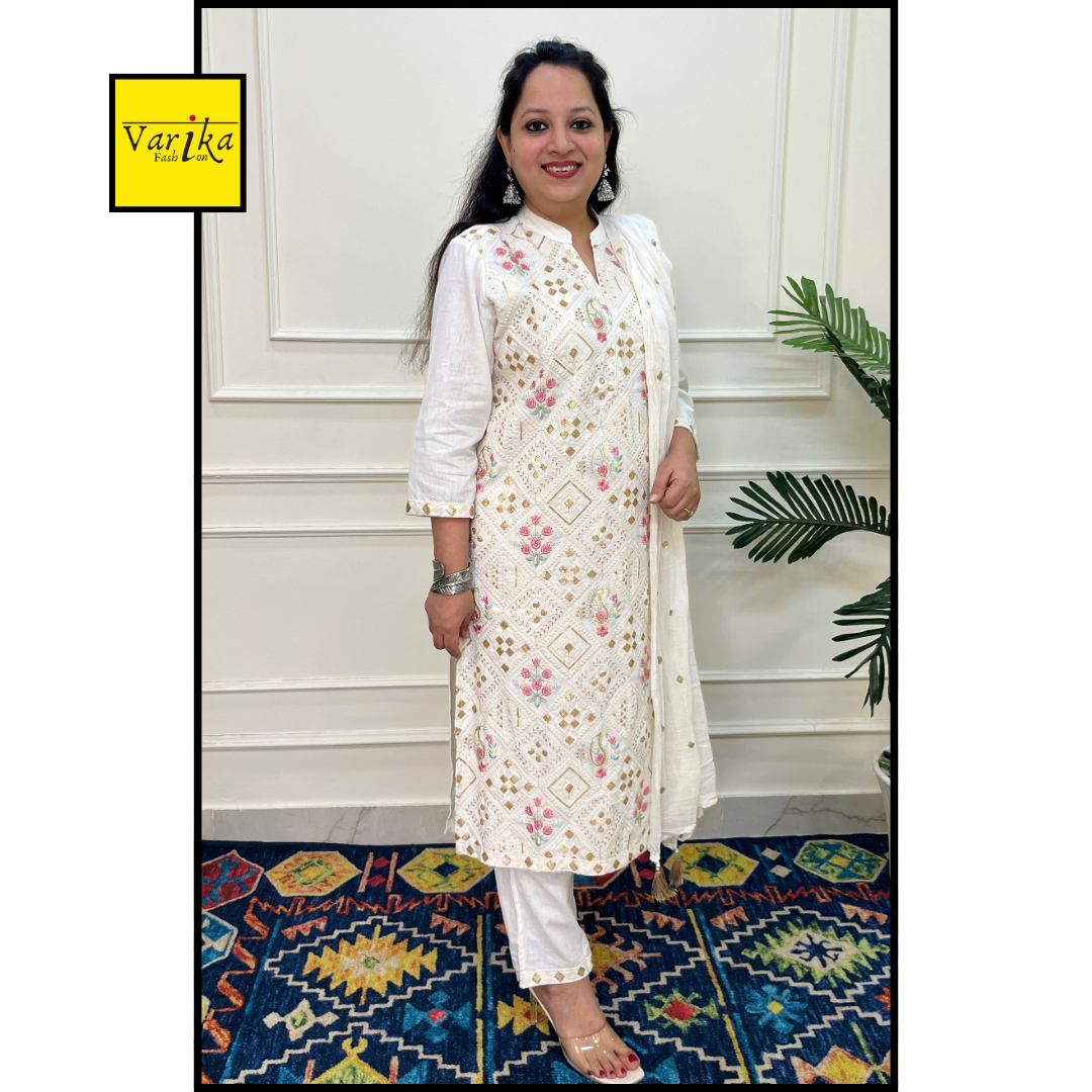 Cotton Flex Fully Embroidered 3 Piece Suit with Mul Dupatta White Colour