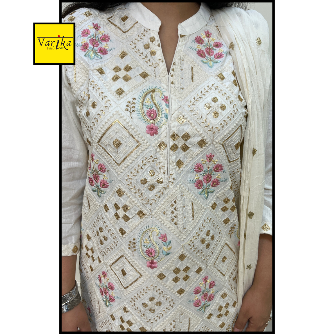 Cotton Flex Fully Embroidered 3 Piece Suit with Mul Dupatta White Colour