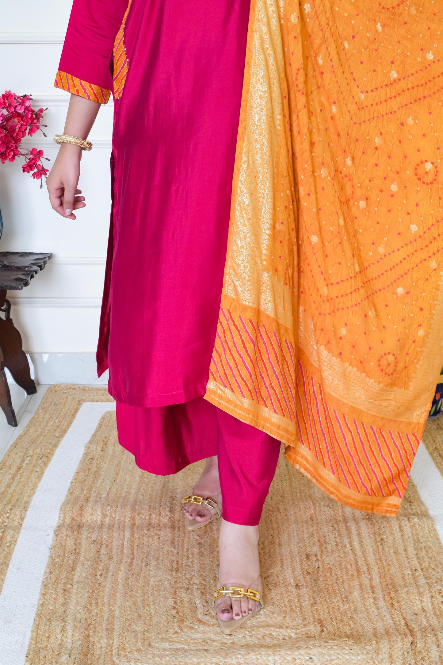 Roman Silk Bandhani Dupatta Suit Set- Pink