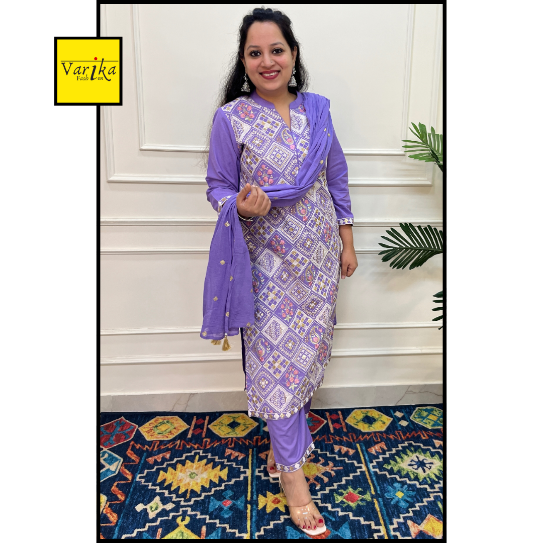 Cotton Flex Fully Embroidered 3 Piece Suit with Mul Dupatta Lavender Colour
