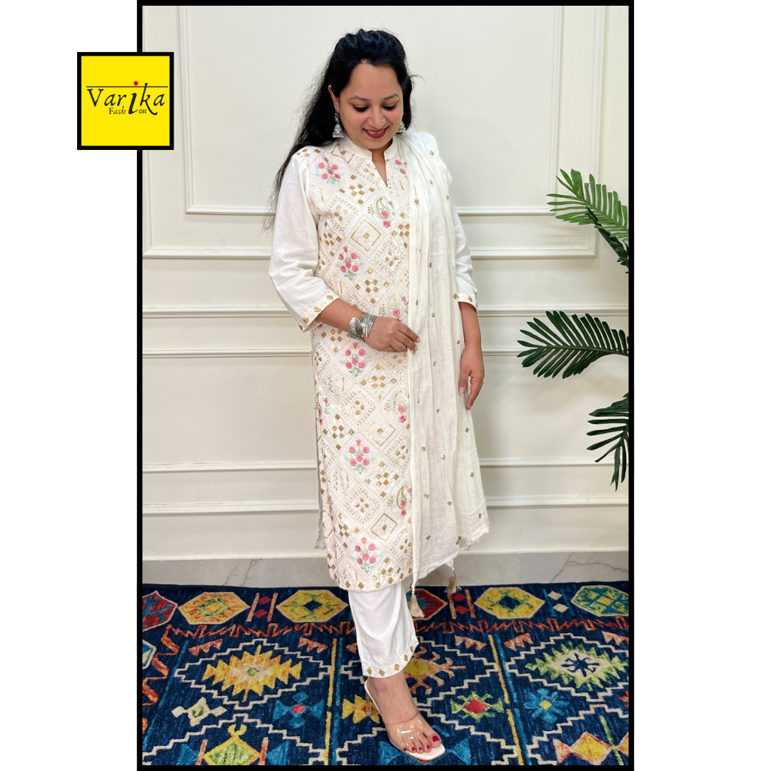 Cotton Flex Fully Embroidered 3 Piece Suit with Mul Dupatta White Colour