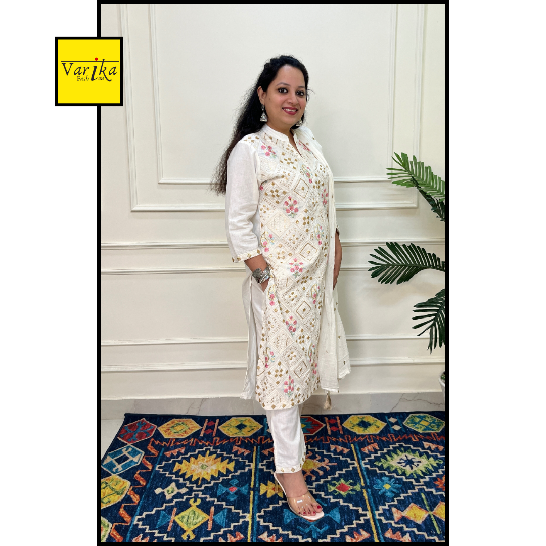 Cotton Flex Fully Embroidered 3 Piece Suit with Mul Dupatta White Colour