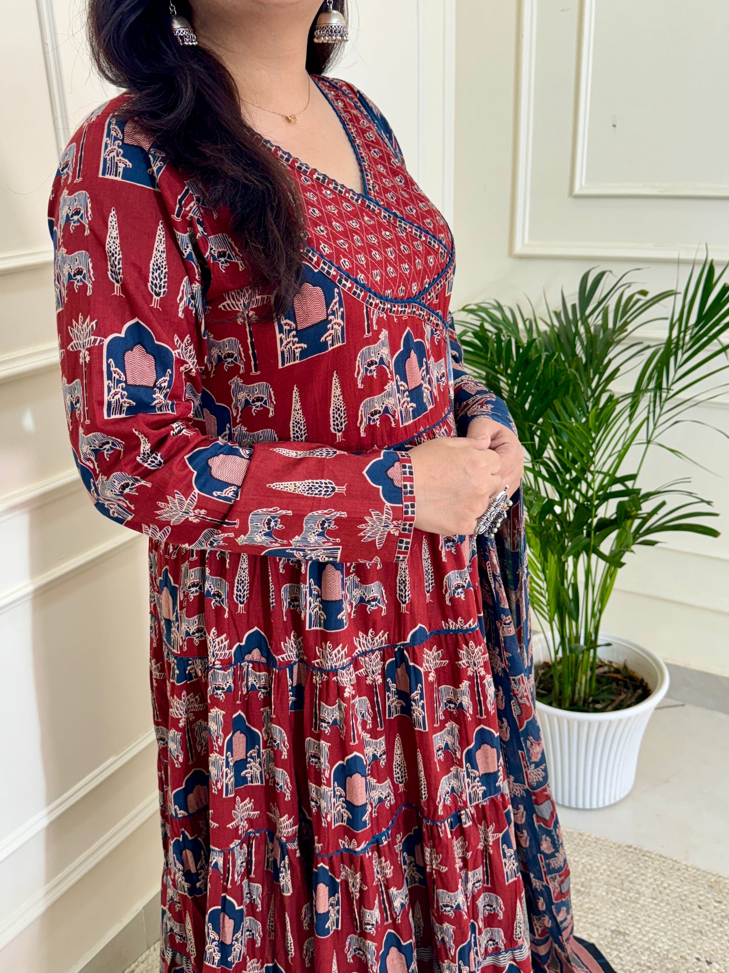 Kaara Ajrakh Layered Anarkali Suit set-Red Colour