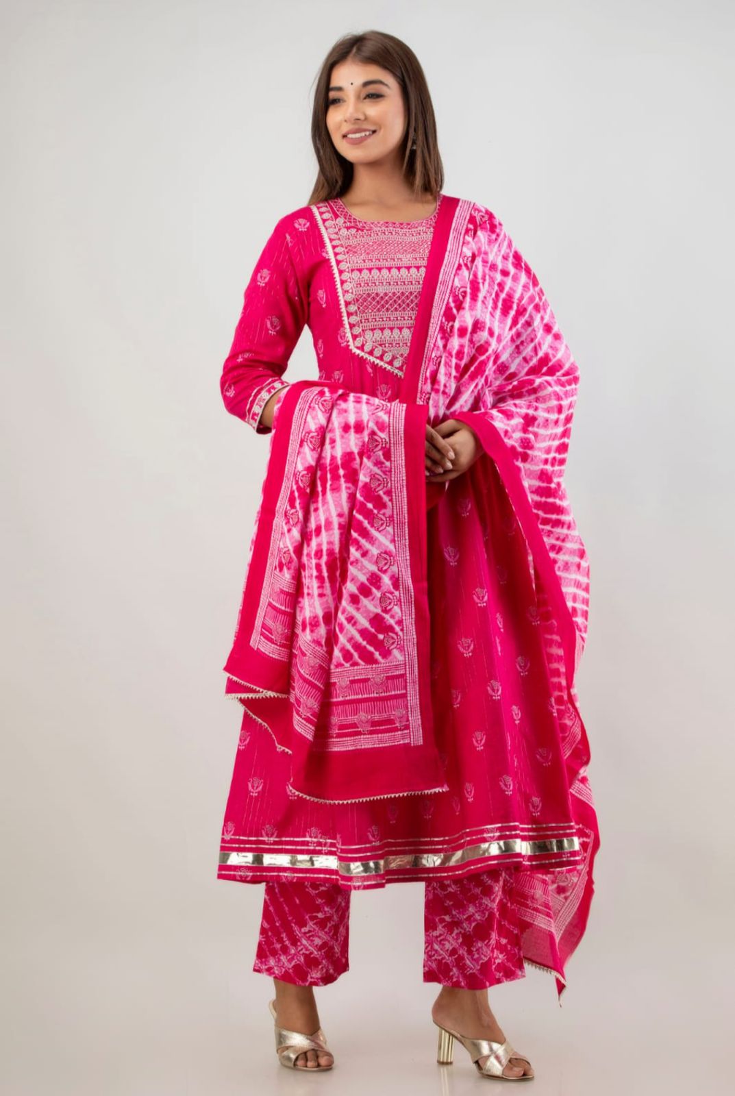 Pure Cotton 3 pc Pink Lurex Anarkali Colour