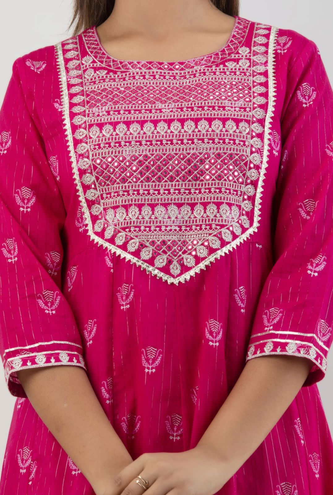 Pure Cotton 3 pc Pink Lurex Anarkali Colour