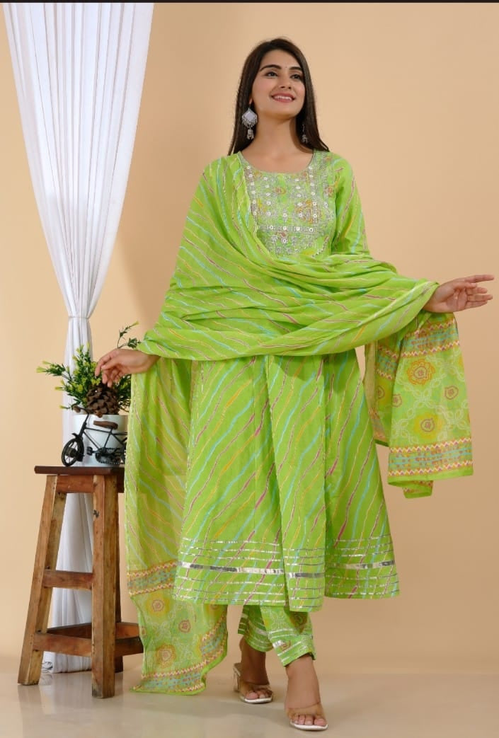 3 pc Pure Cotton Leheriya Print Anarkali Set