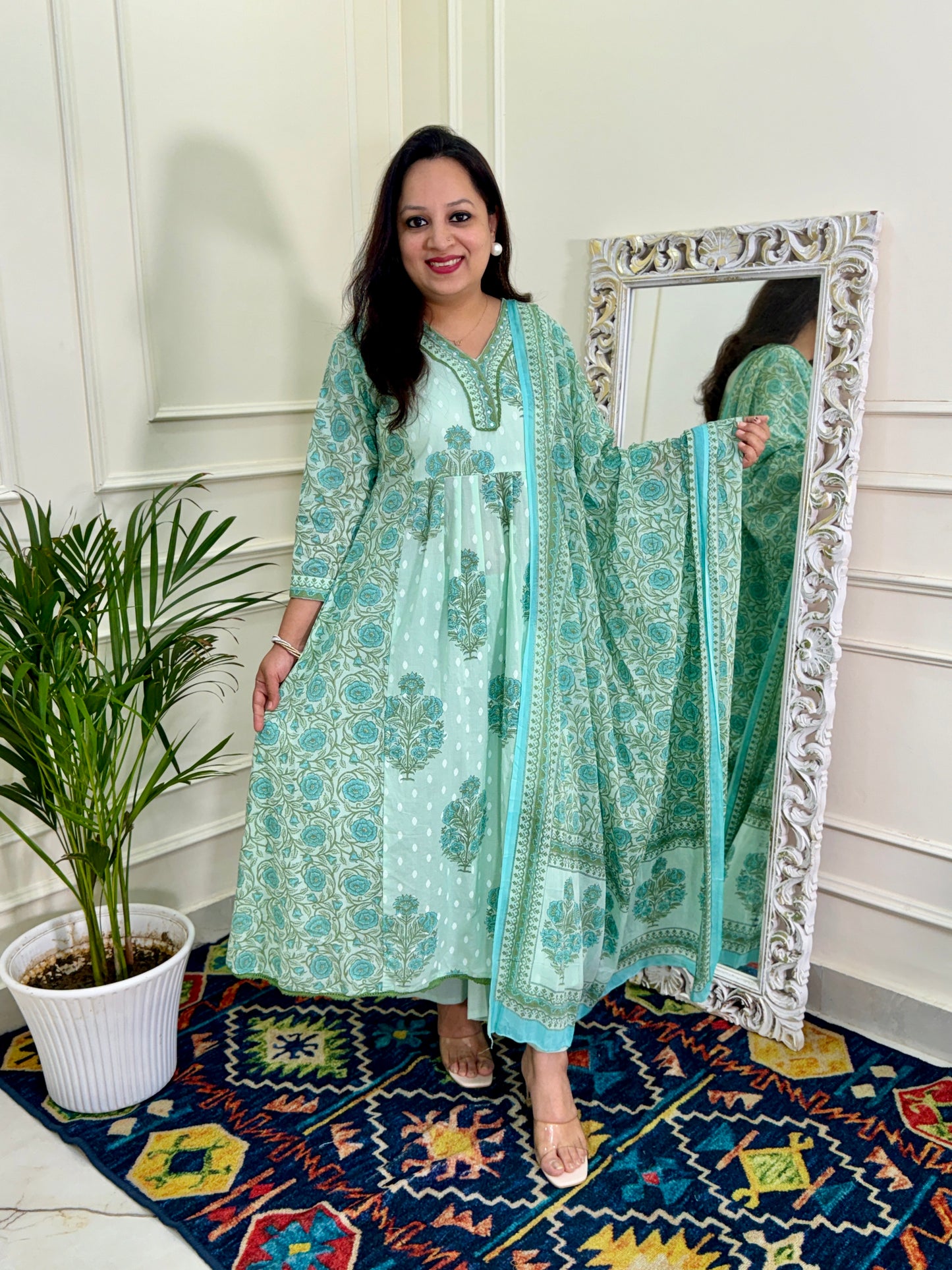 Pure Cotton Aline Pattern Block Print 3 pc Suit Set - Sea Green