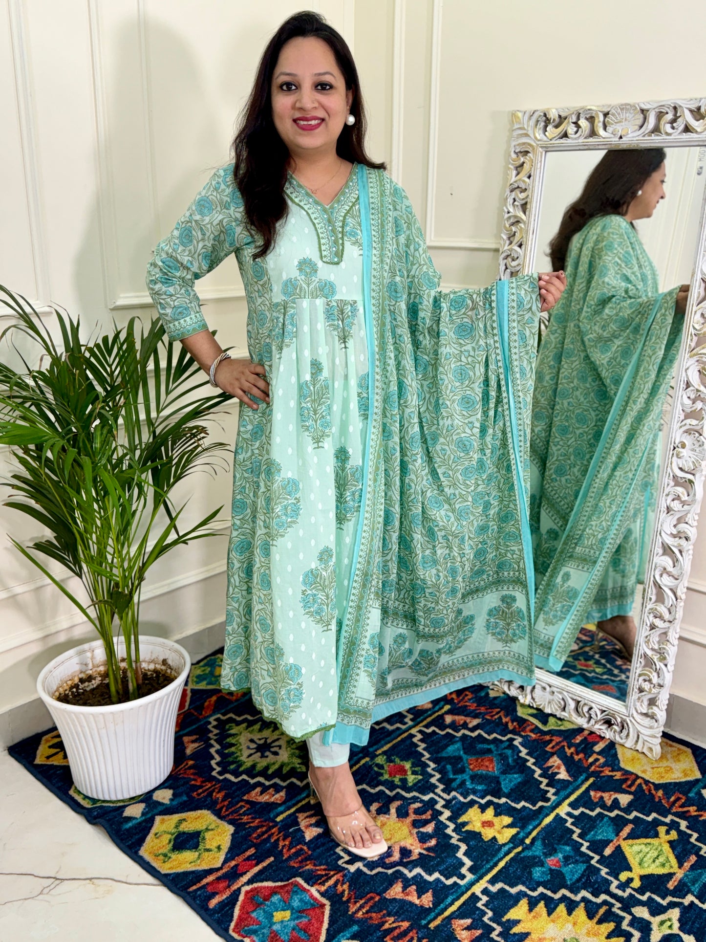 Pure Cotton Aline Pattern Block Print 3 pc Suit Set - Sea Green