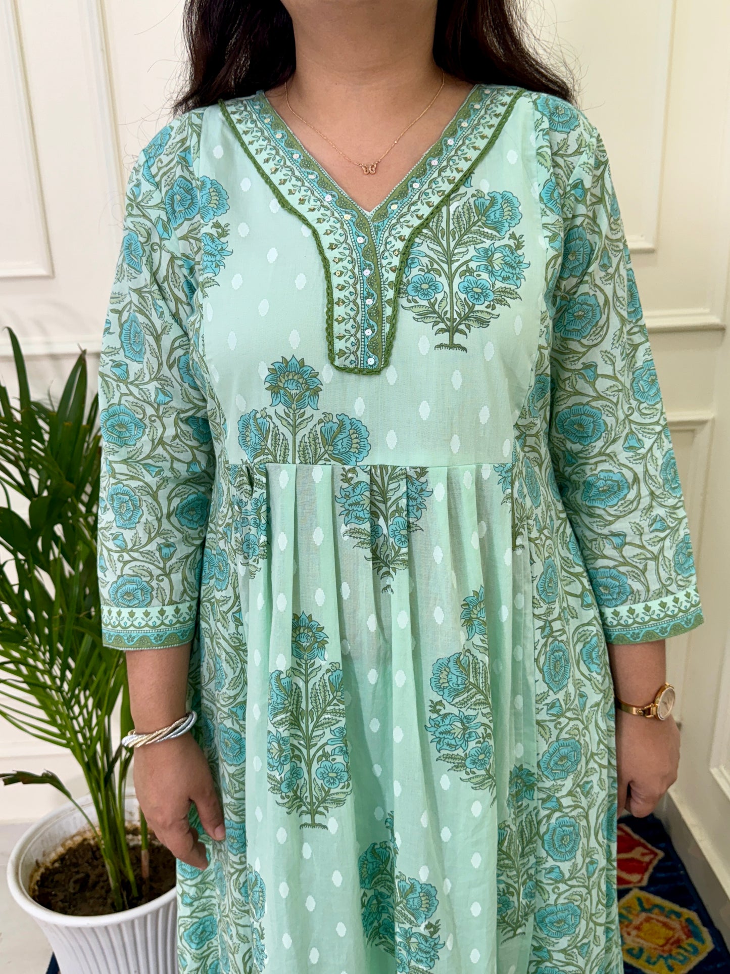 Pure Cotton Aline Pattern Block Print 3 pc Suit Set - Sea Green
