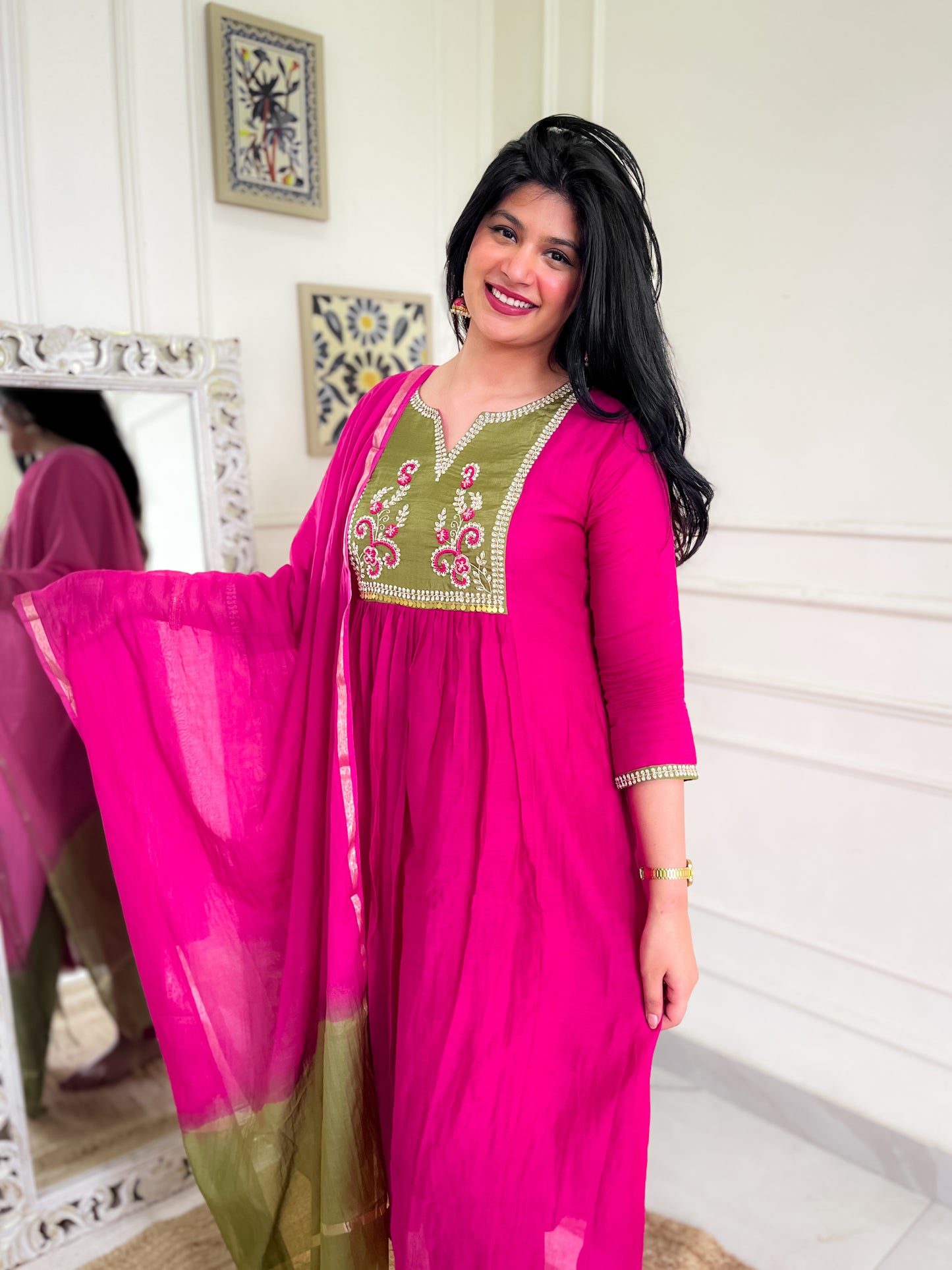 Pure Mul Chanderi Anarkali Suit set with hand embroidery- Pink Green