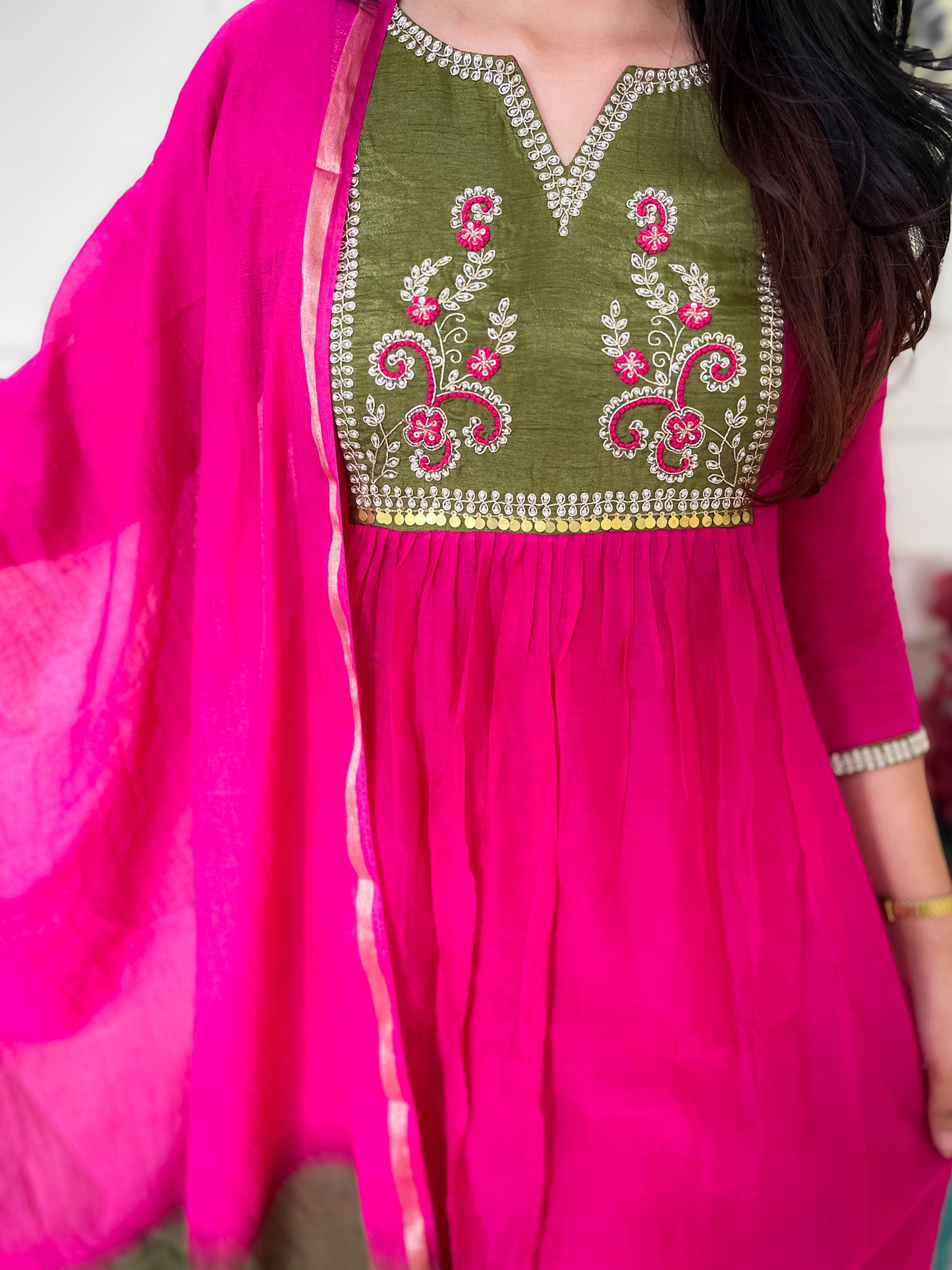 Pure Mul Chanderi Anarkali Suit set with hand embroidery- Pink Green