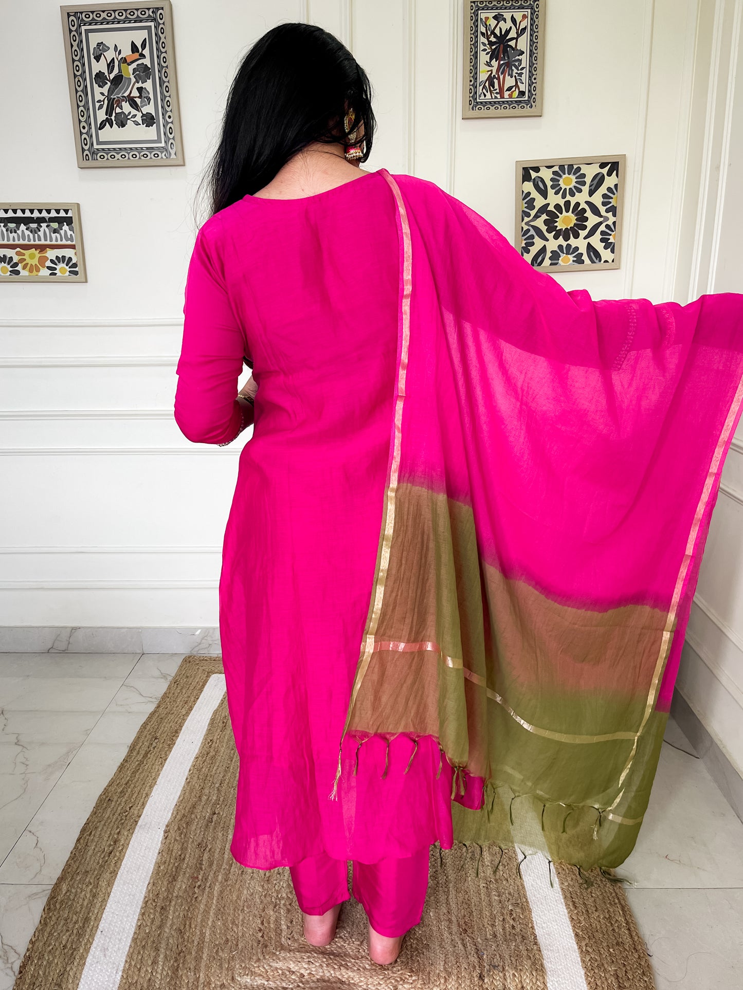 Pure Mul Chanderi Anarkali Suit set with hand embroidery- Pink Green