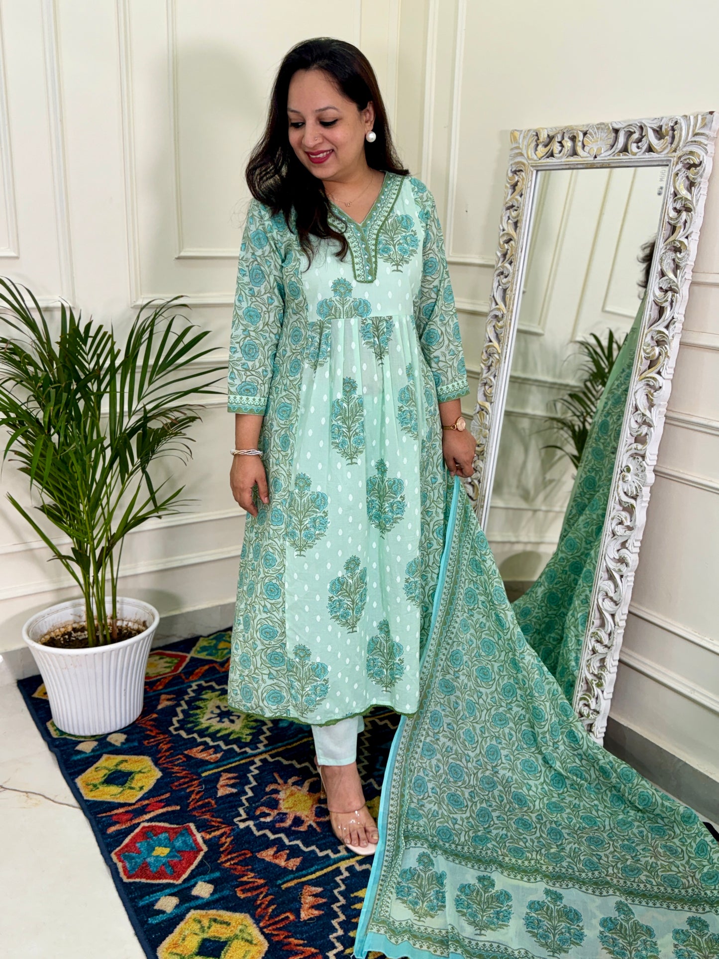 Pure Cotton Aline Pattern Block Print 3 pc Suit Set - Sea Green