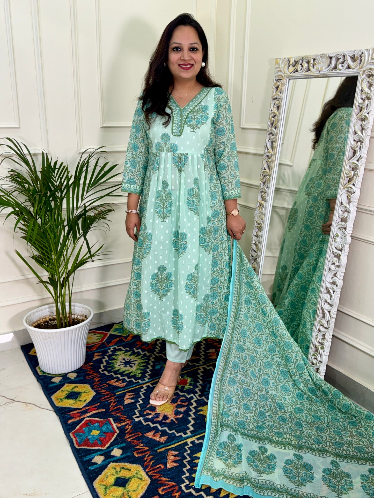 Pure Cotton Aline Pattern Block Print 3 pc Suit Set - Sea Green