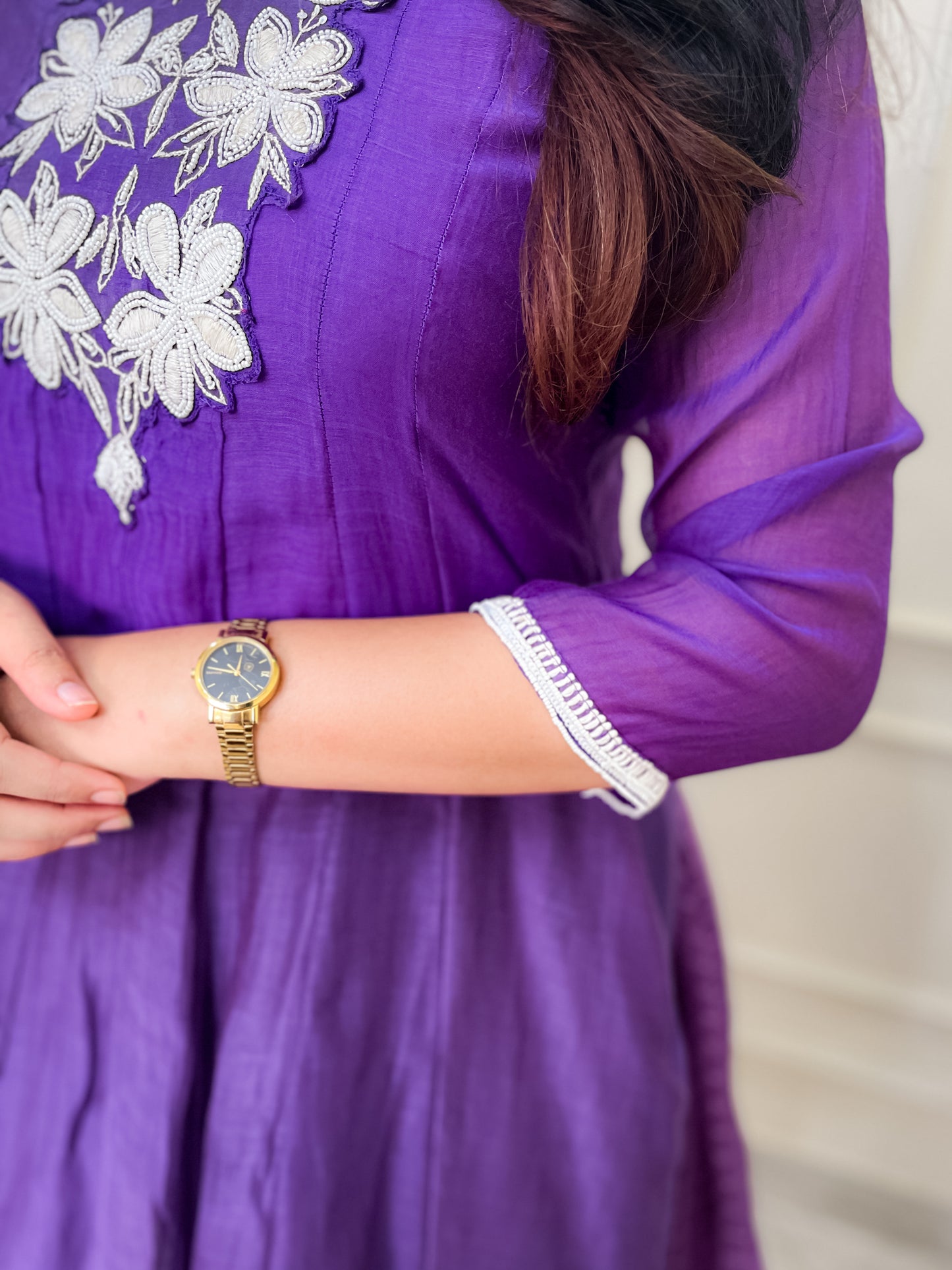 Pure Mul Chanderi Anarkali Suit set with hand embroidery- Purple