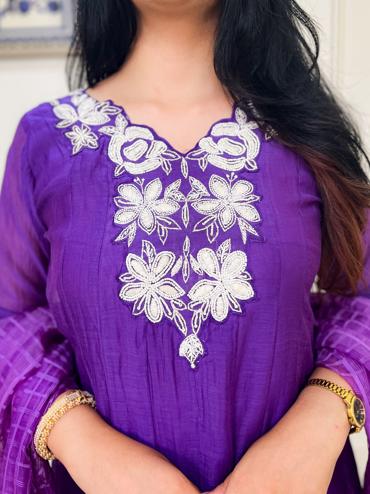 Pure Mul Chanderi Anarkali Suit set with hand embroidery- Purple