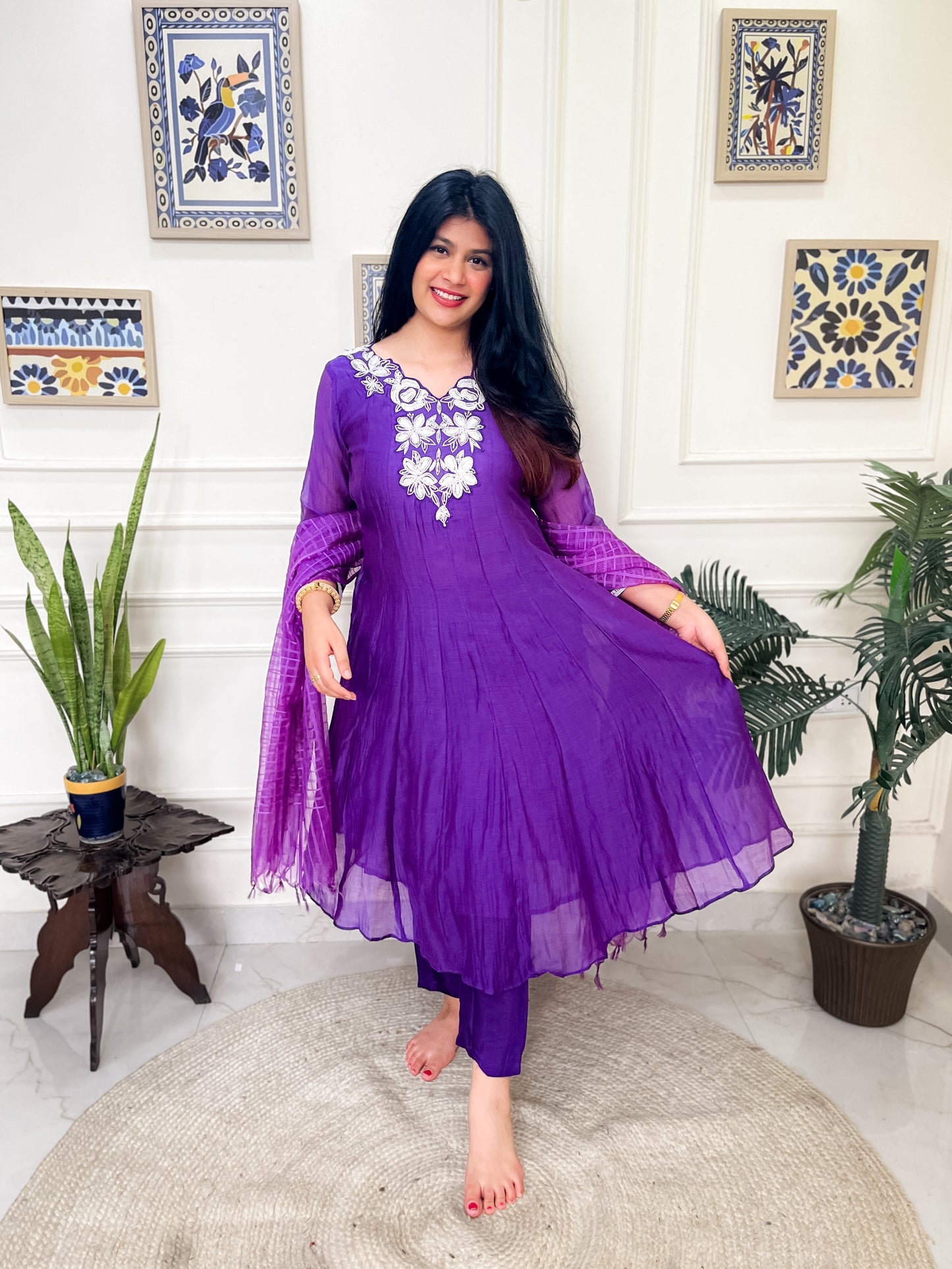 Pure Mul Chanderi Anarkali Suit set with hand embroidery- Purple