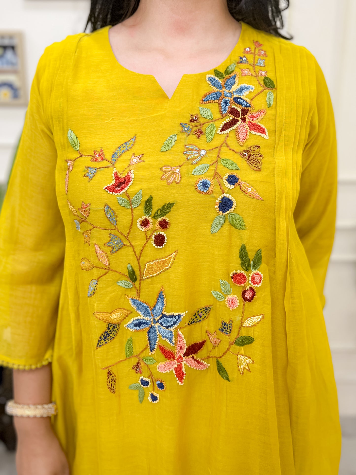 Pure Mul Chanderi Anarkali Suit set with anchor thread hand embroidery- Yellowish-Green