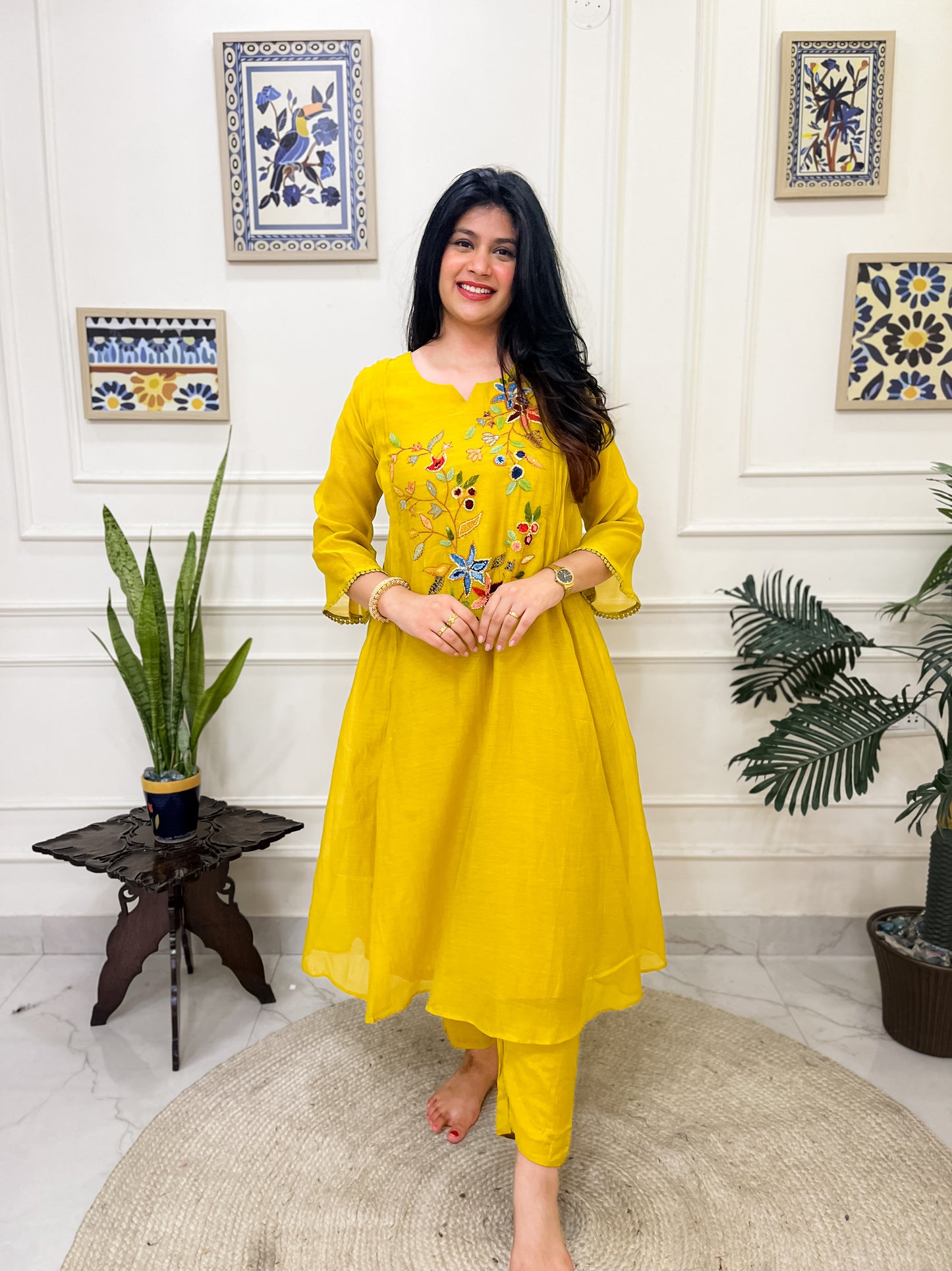 Pure Mul Chanderi Anarkali Suit set with anchor thread hand embroidery- Yellowish-Green