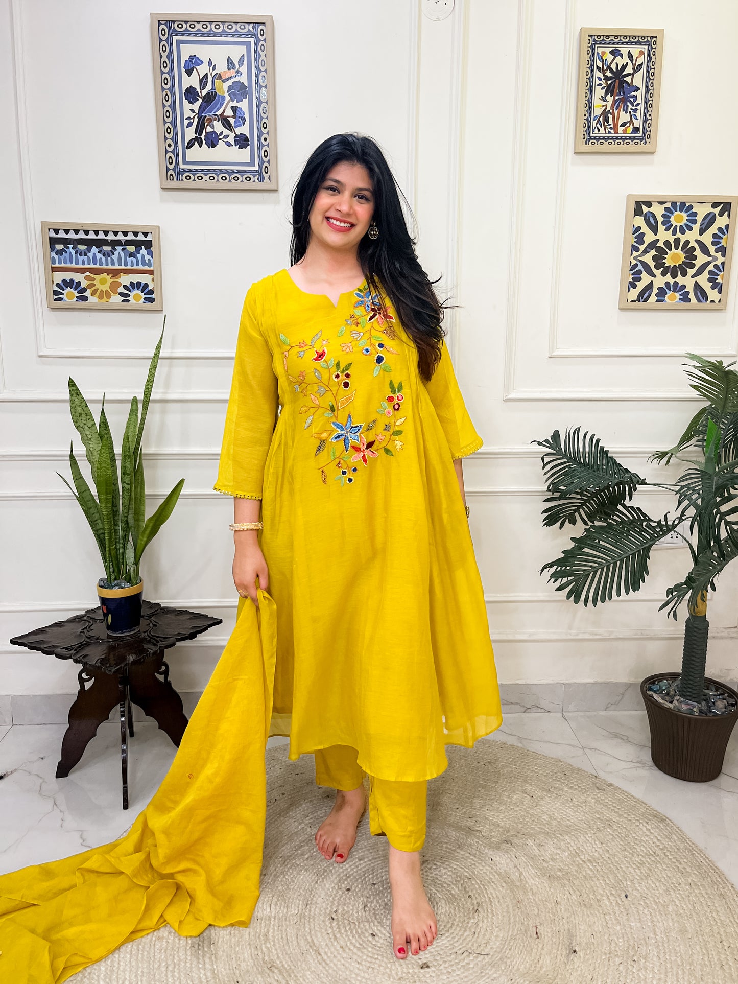 Pure Mul Chanderi Anarkali Suit set with anchor thread hand embroidery- Yellowish-Green