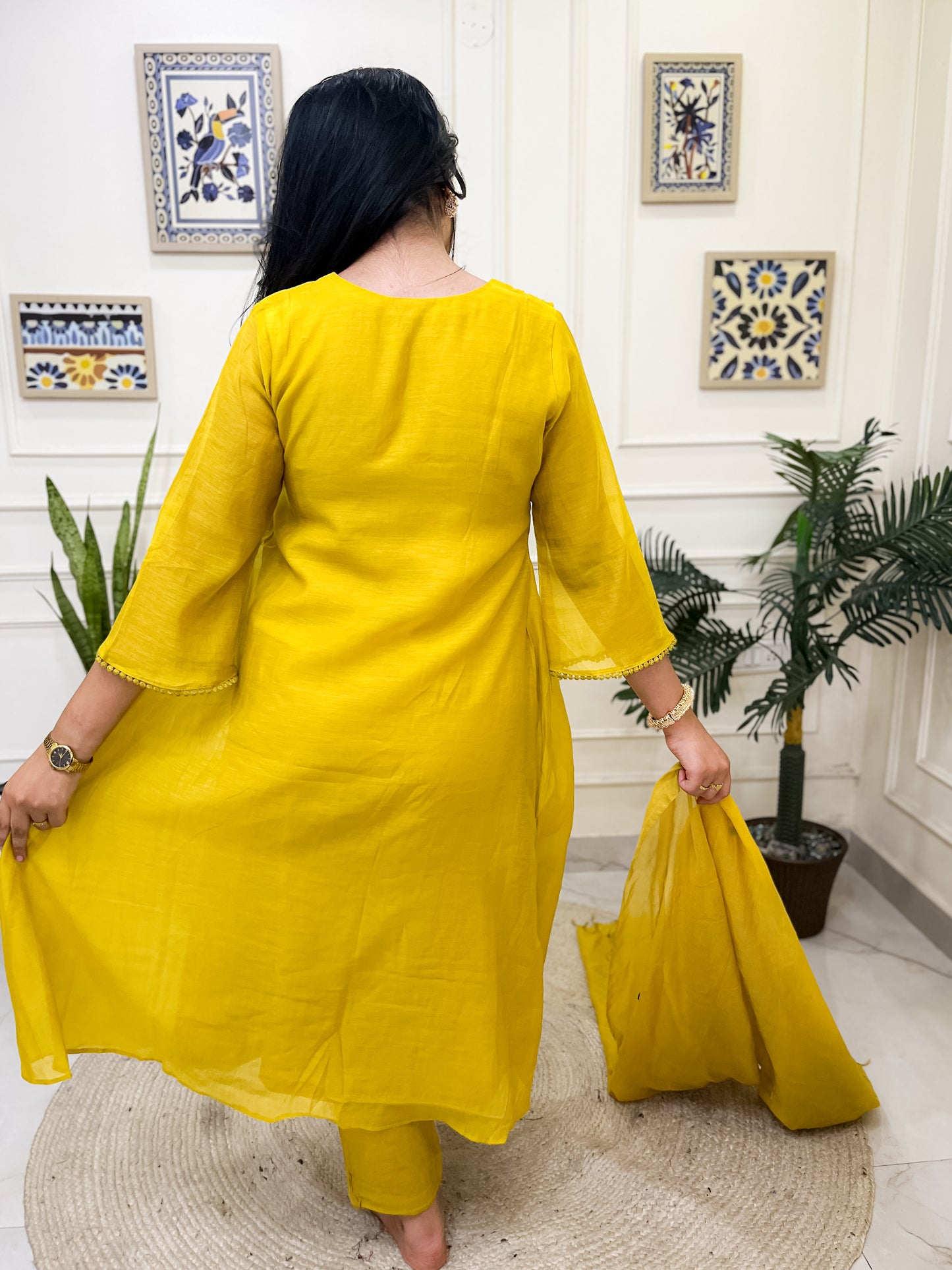 Pure Mul Chanderi Anarkali Suit set with anchor thread hand embroidery- Yellowish-Green