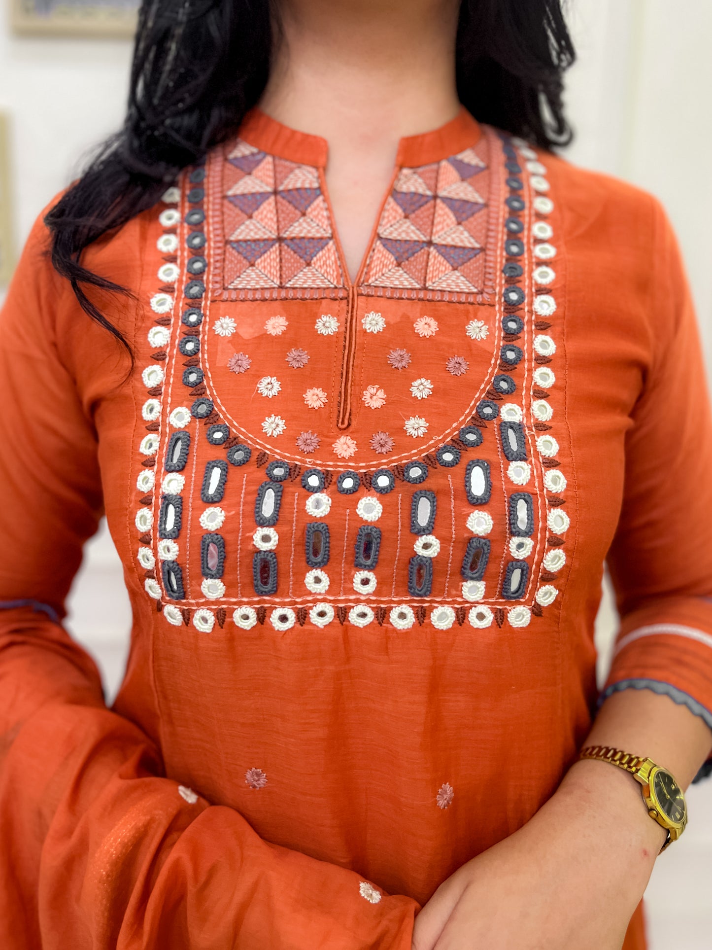 Pure Mul Chanderi Aline Suit set with intricate hand embroidery- Orange