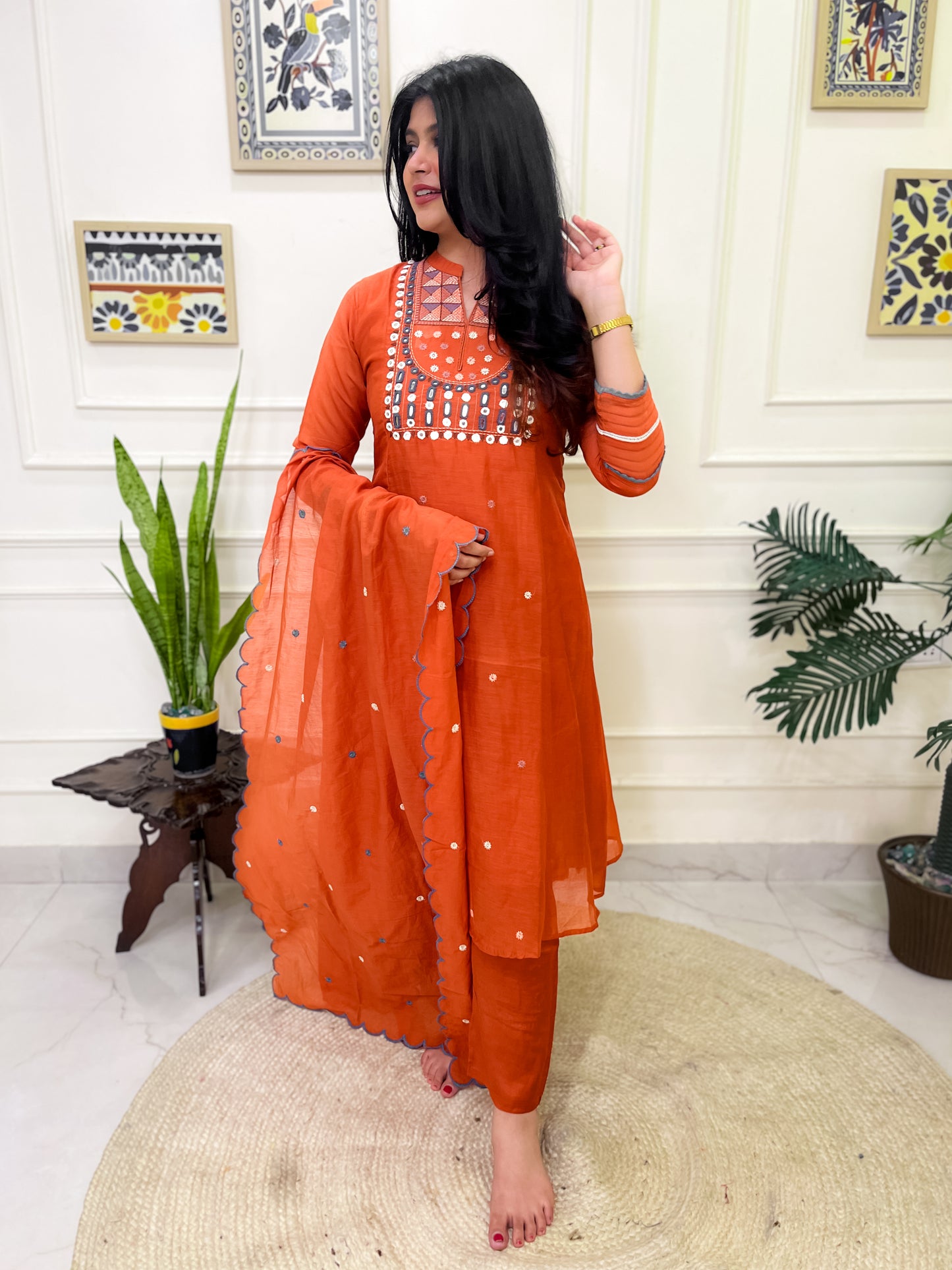Pure Mul Chanderi Aline Suit set with intricate hand embroidery- Orange