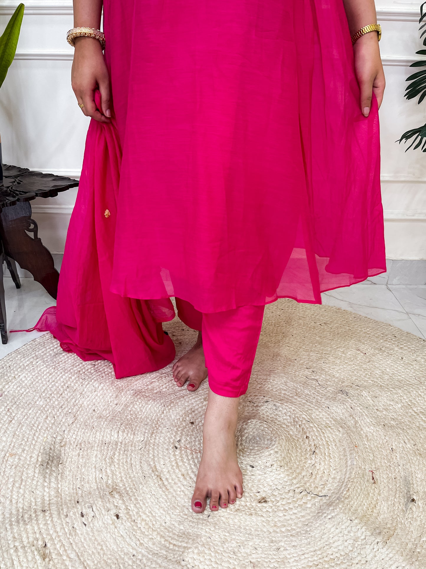 Pure Mul Chanderi Anarkali Suit set with anchor thread hand embroidery- Pink