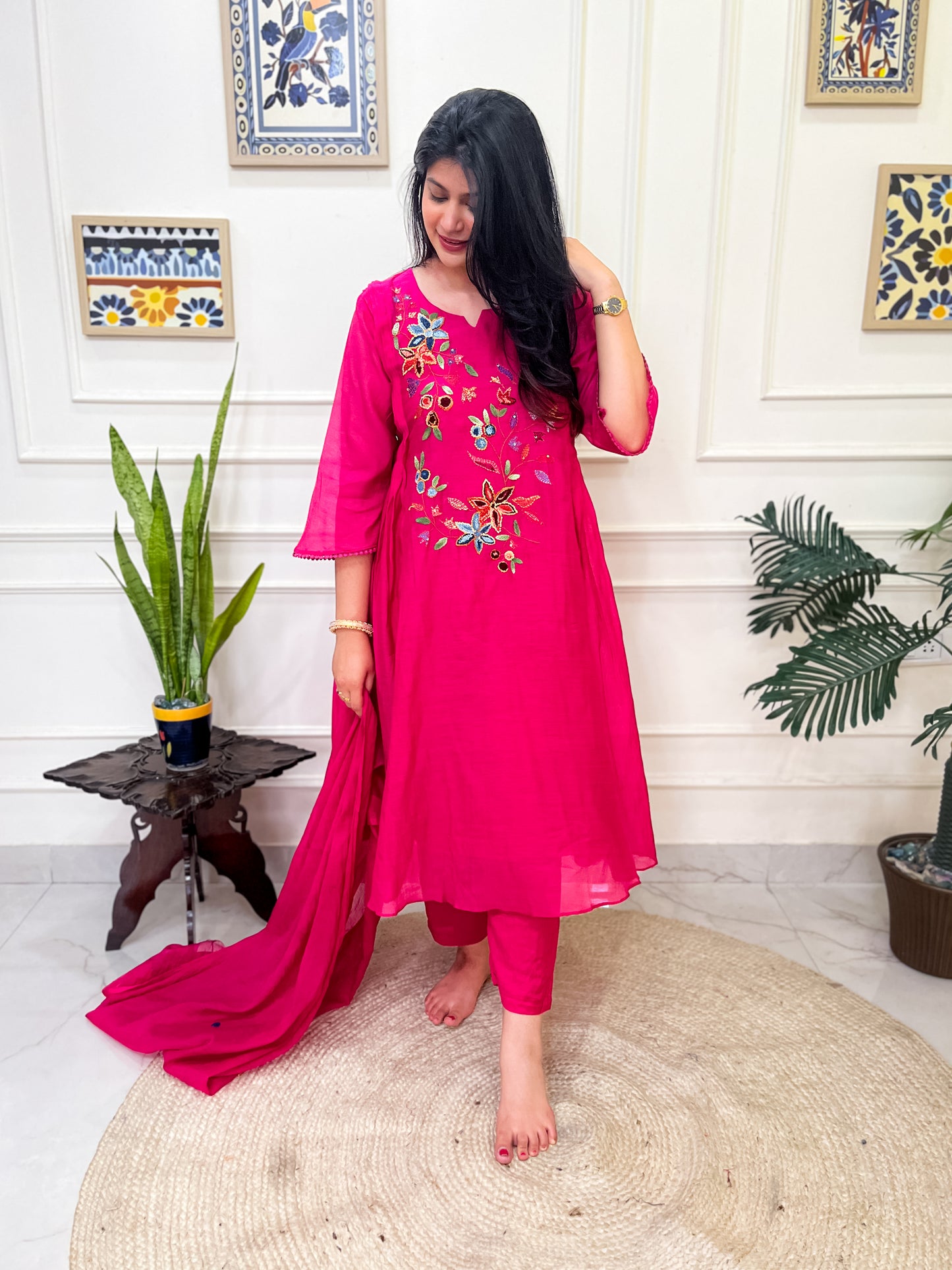Pure Mul Chanderi Anarkali Suit set with anchor thread hand embroidery- Pink
