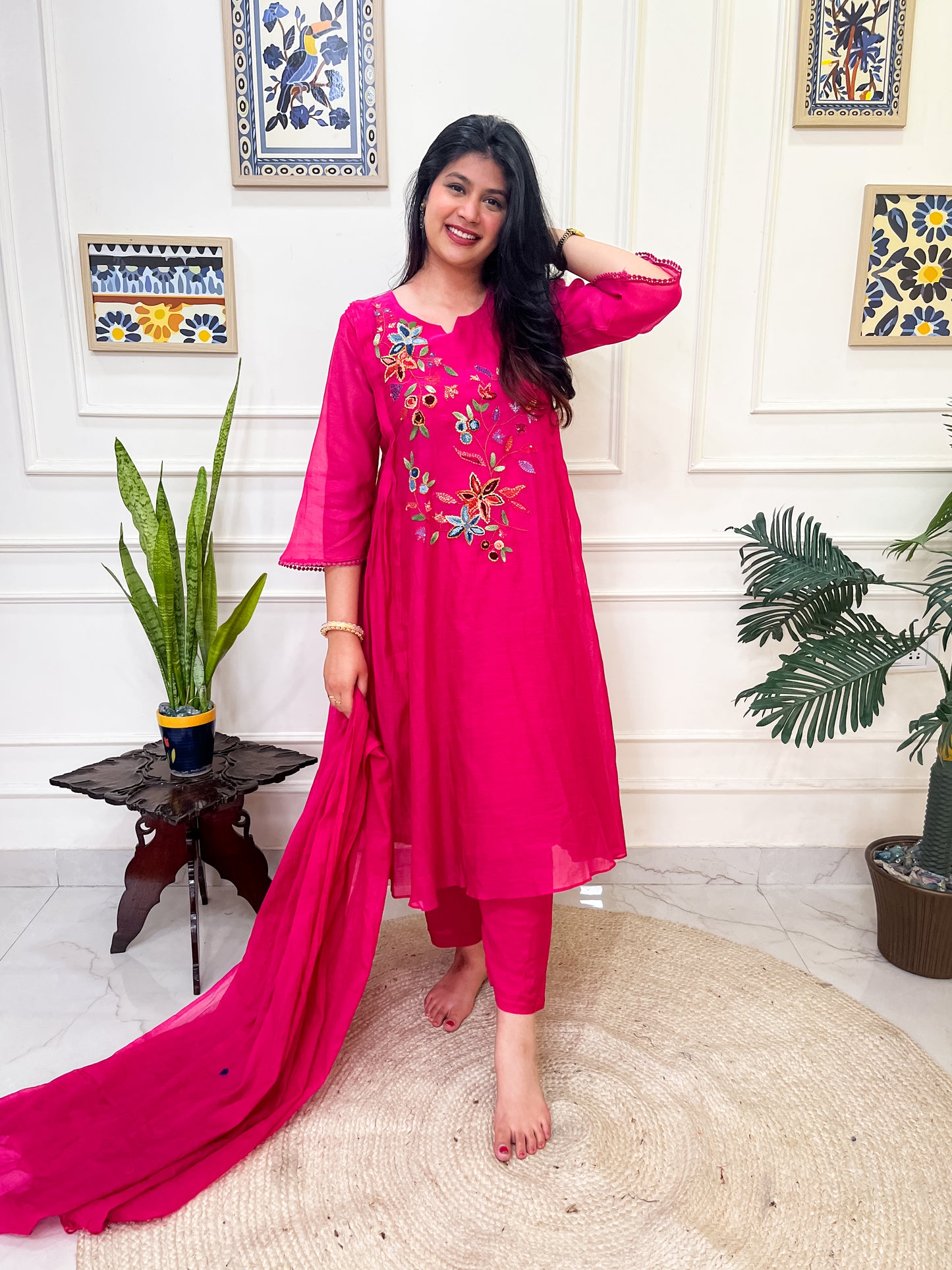 Pure Mul Chanderi Anarkali Suit set with anchor thread hand embroidery- Pink
