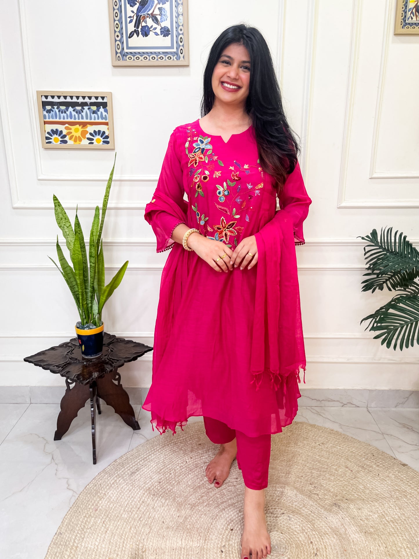 Pure Mul Chanderi Anarkali Suit set with anchor thread hand embroidery- Pink