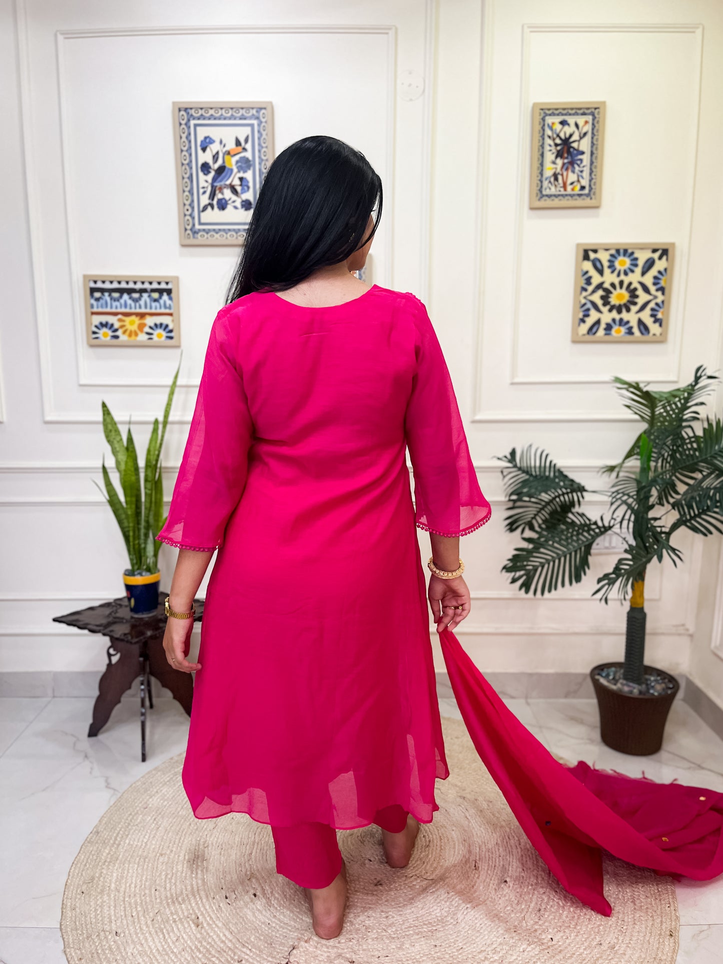 Pure Mul Chanderi Anarkali Suit set with anchor thread hand embroidery- Pink