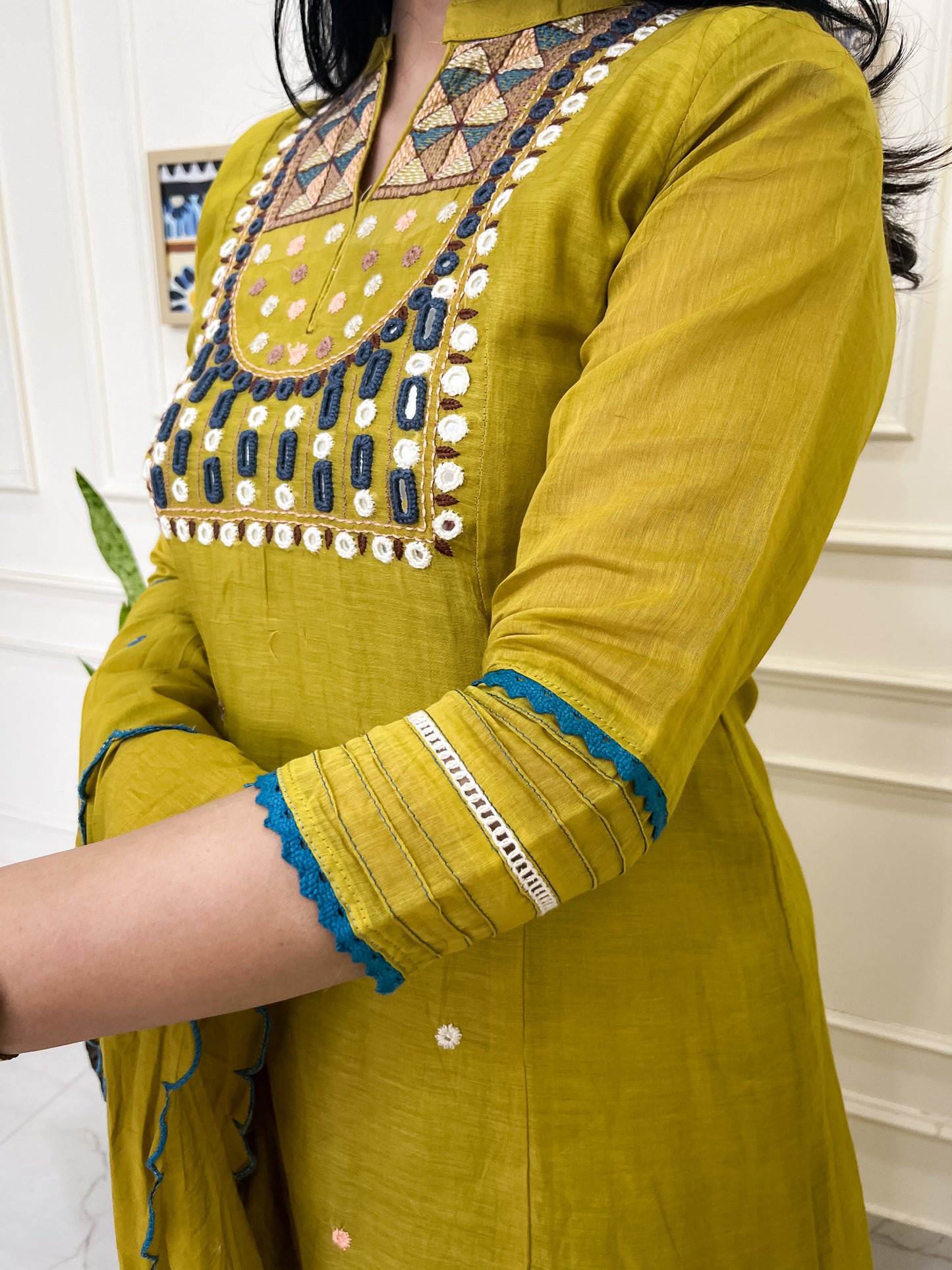 Pure Mul Chanderi Aline Suit set with intricate hand embroidery- Green