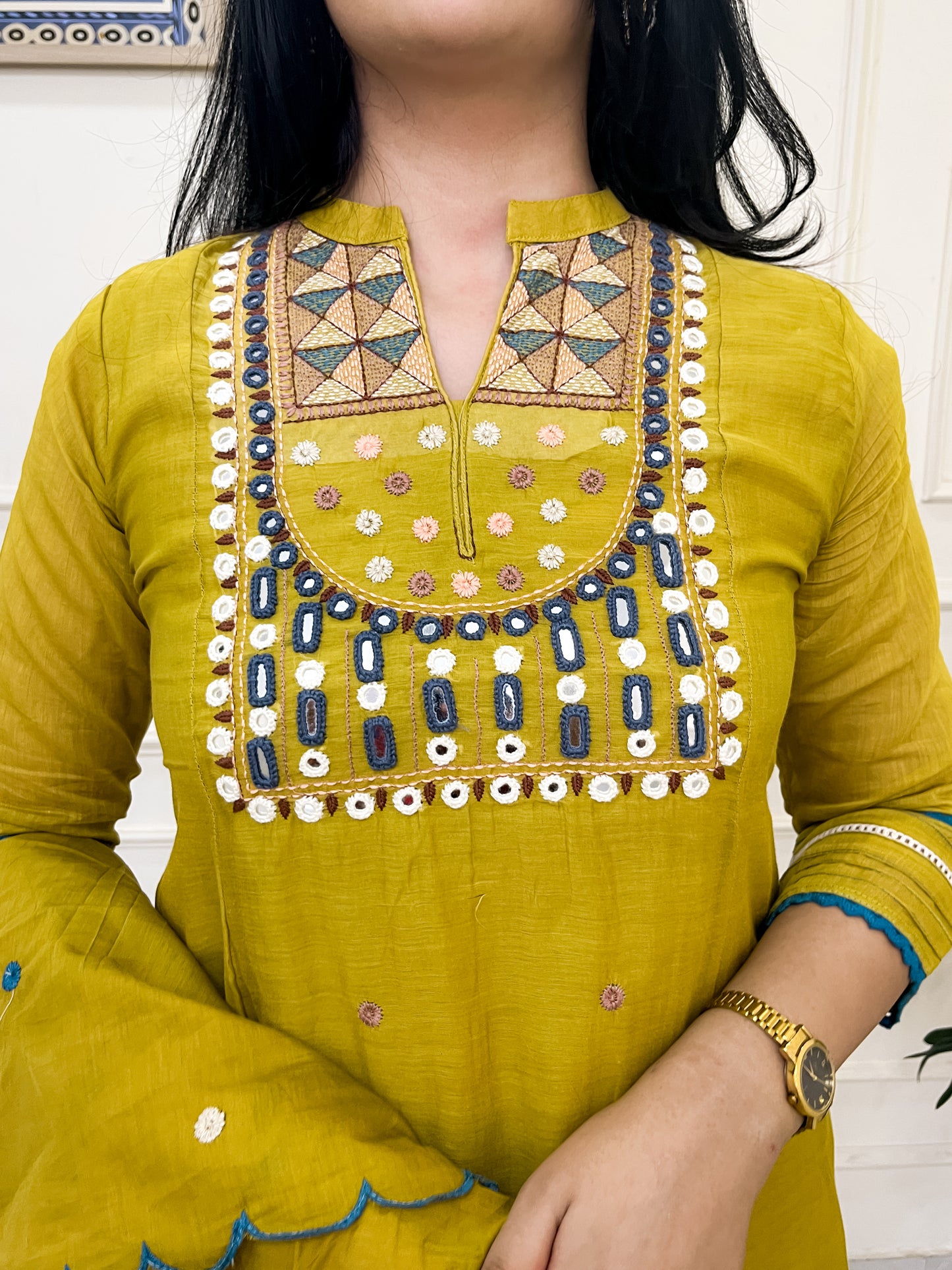 Pure Mul Chanderi Aline Suit set with intricate hand embroidery- Green
