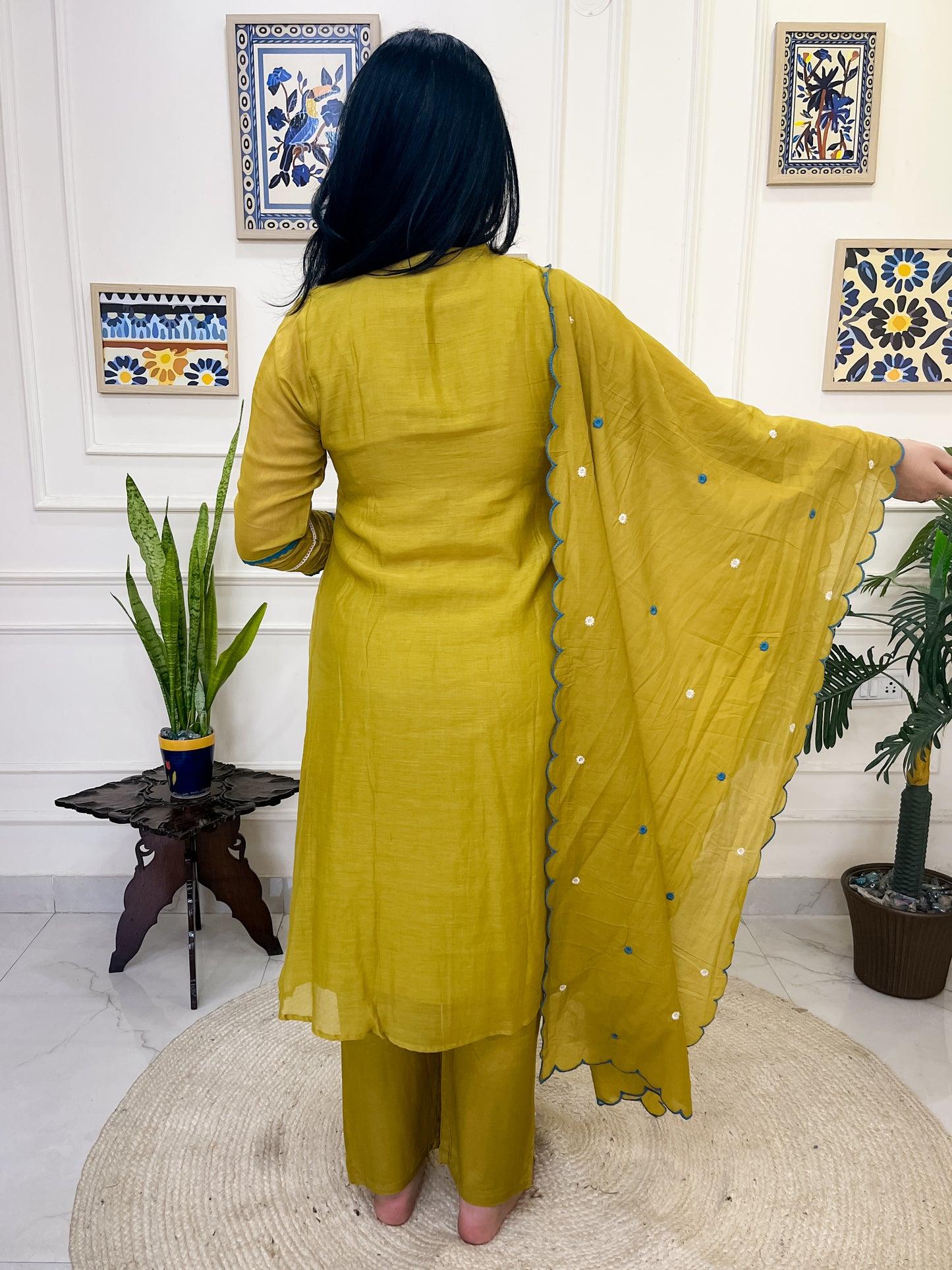 Pure Mul Chanderi Aline Suit set with intricate hand embroidery- Green