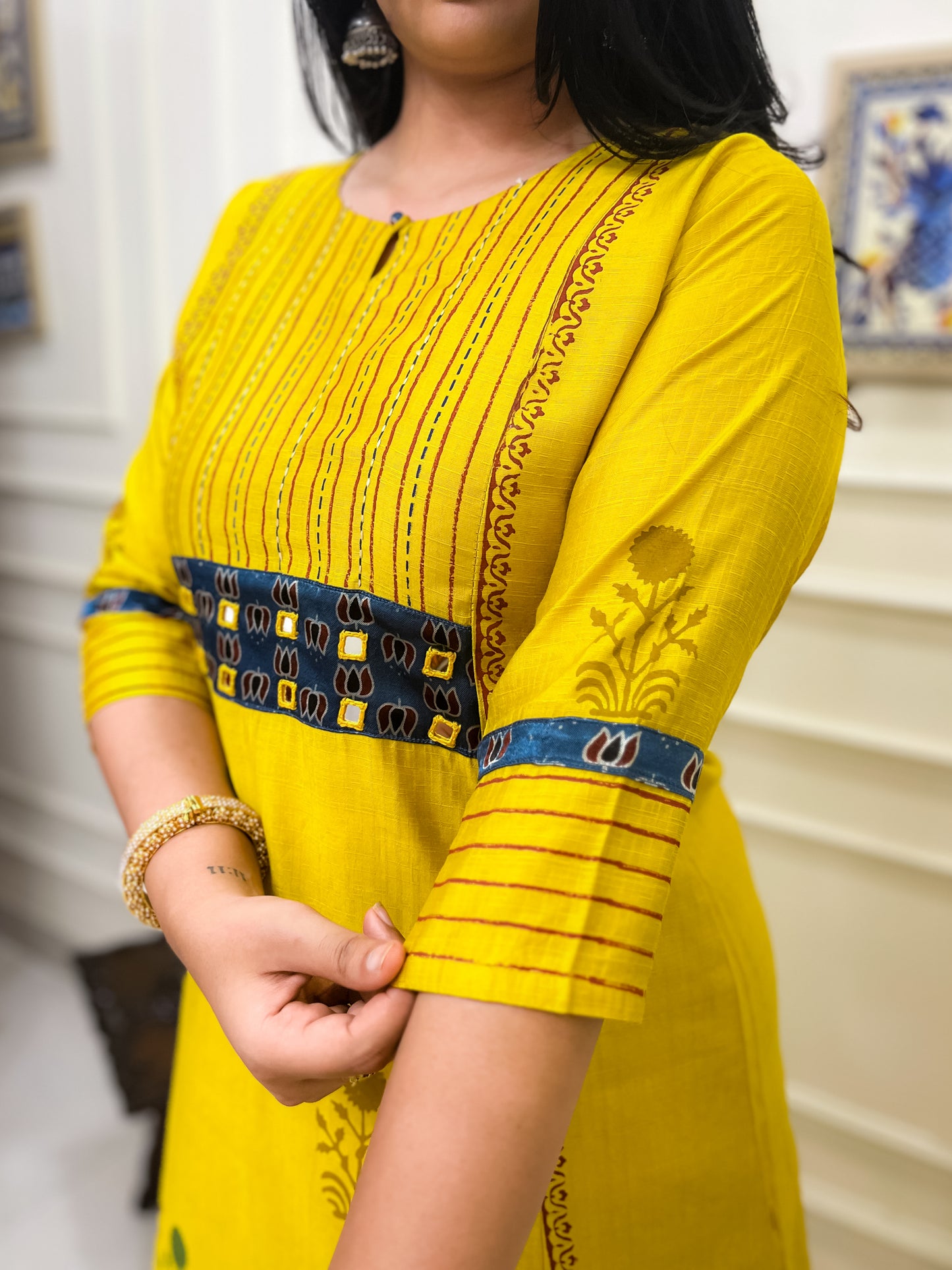 Yellow Aline 2 piece premium Silk Cotton Suit Set with Pockets- Yellow