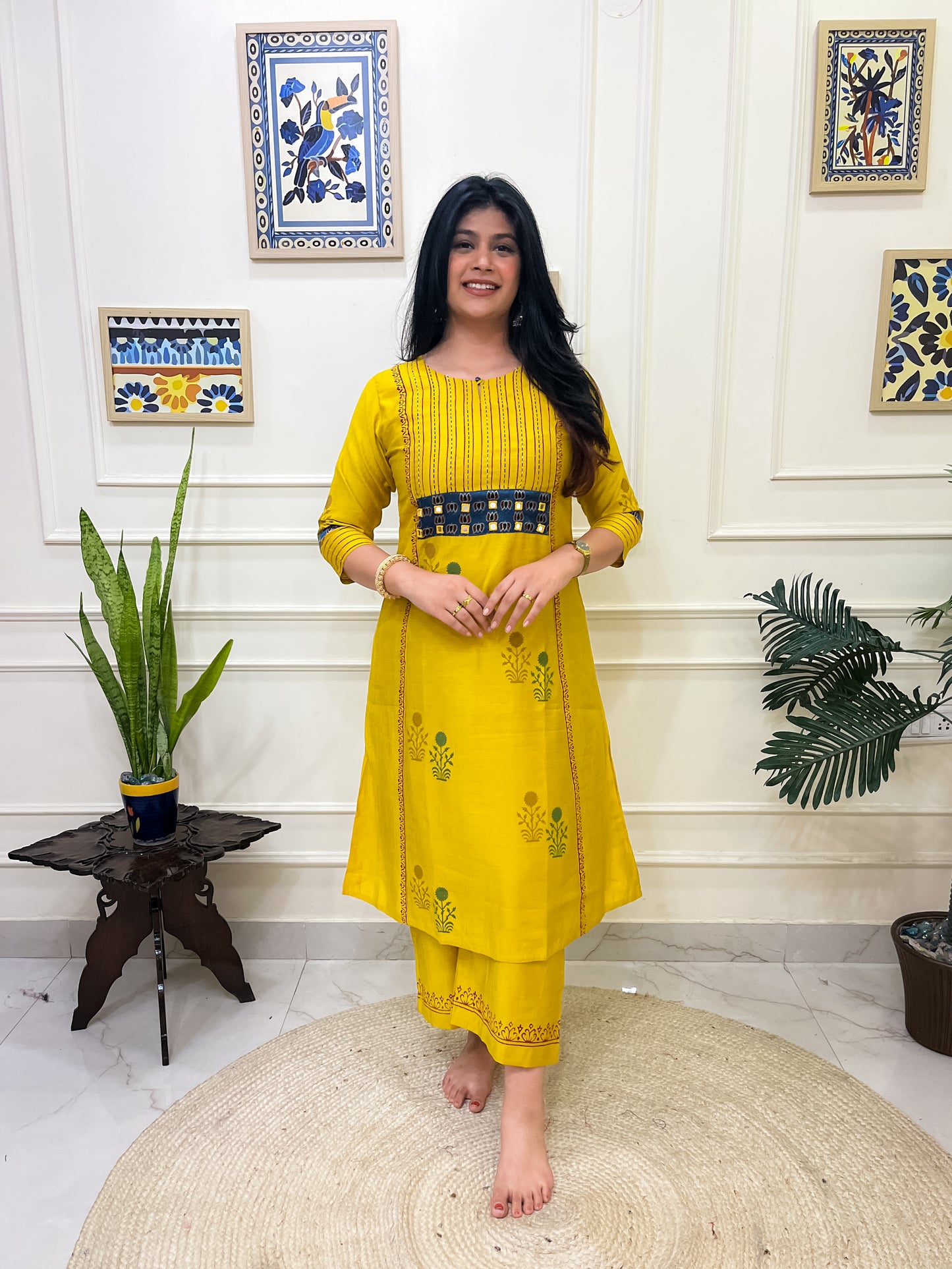Yellow Aline 2 piece premium Silk Cotton Suit Set with Pockets- Yellow