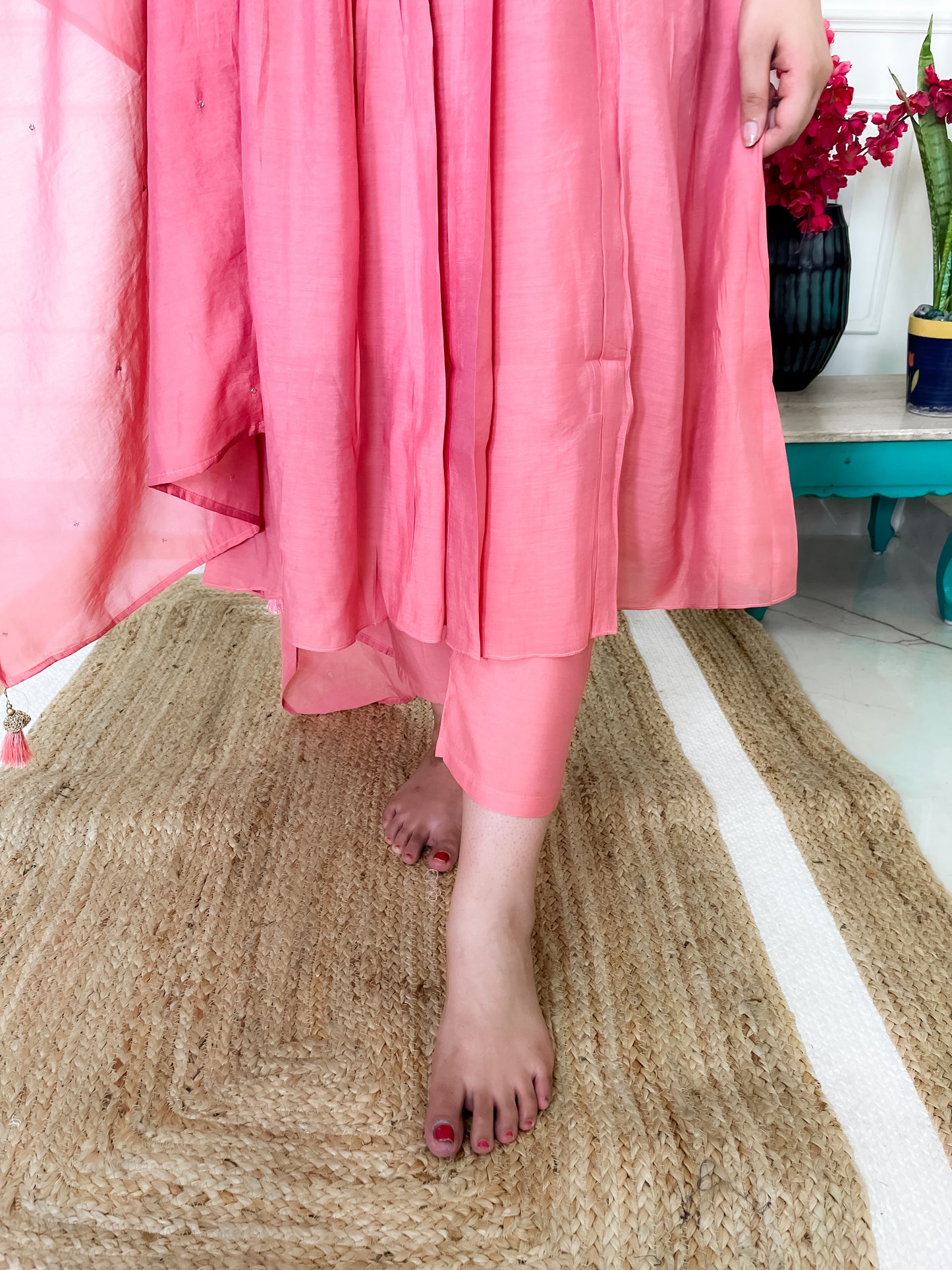 Semi Mul Chanderi Anarkali Suit set with hand embroidery- Peach