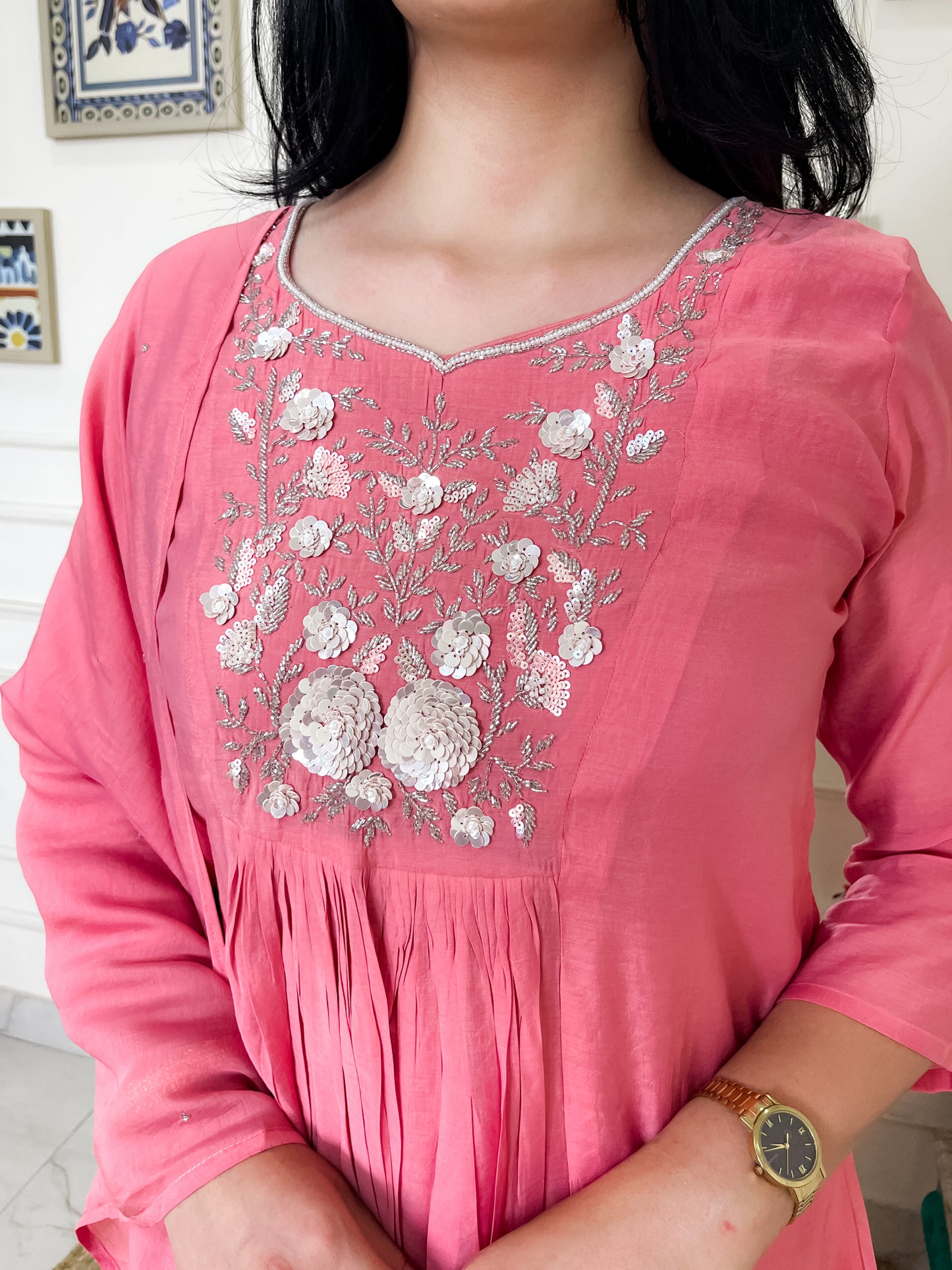 Semi Mul Chanderi Anarkali Suit set with hand embroidery- Peach