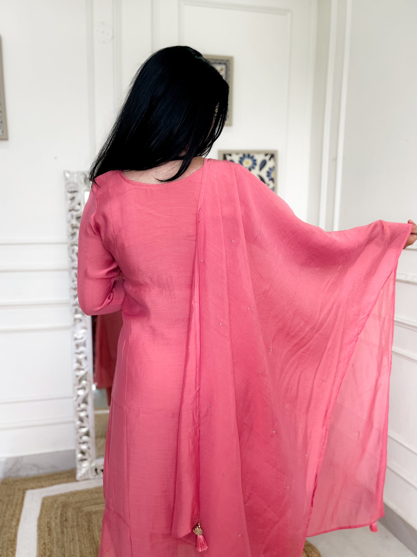 Semi Mul Chanderi Anarkali Suit set with hand embroidery- Peach