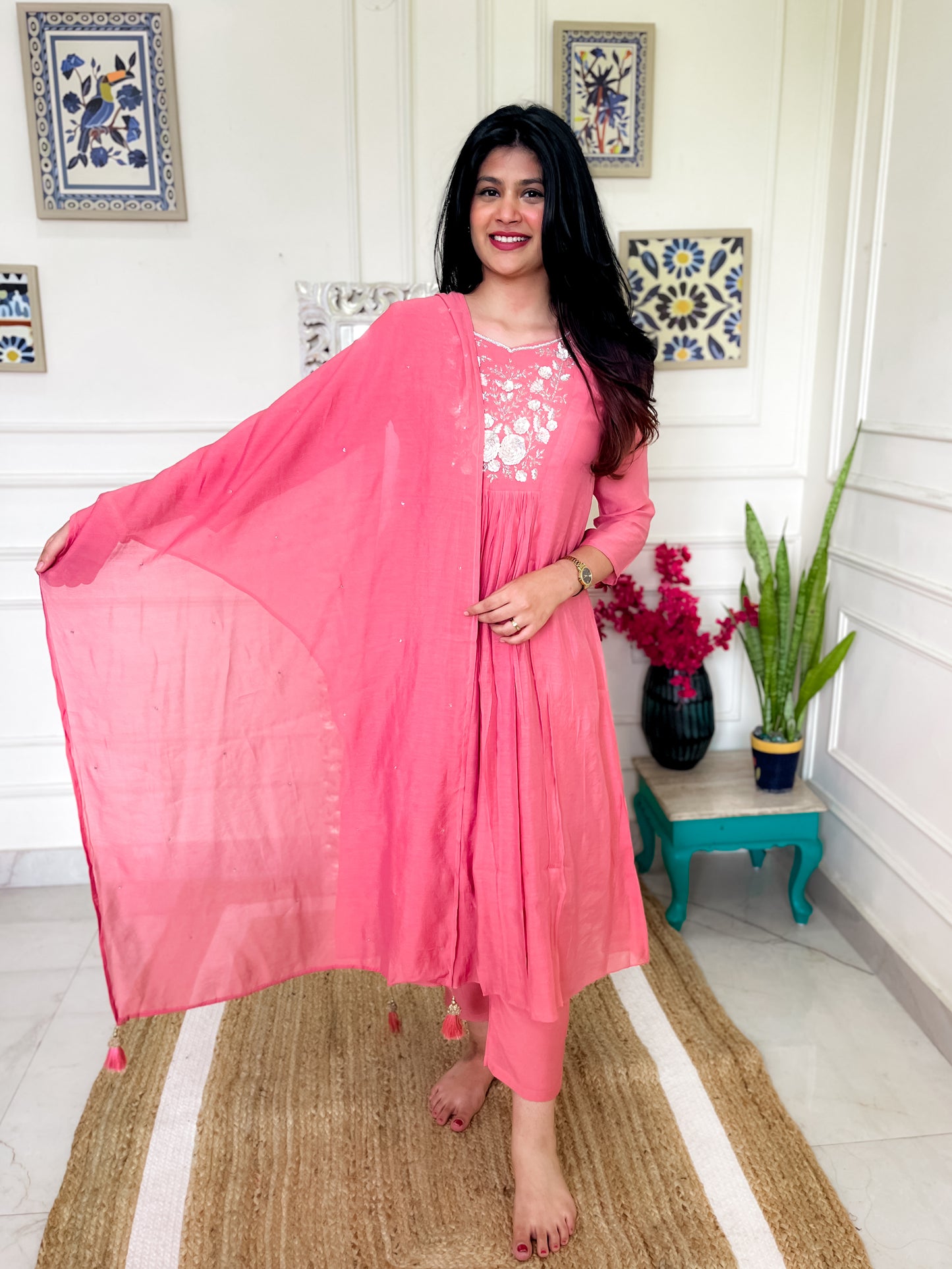 Semi Mul Chanderi Anarkali Suit set with hand embroidery- Peach