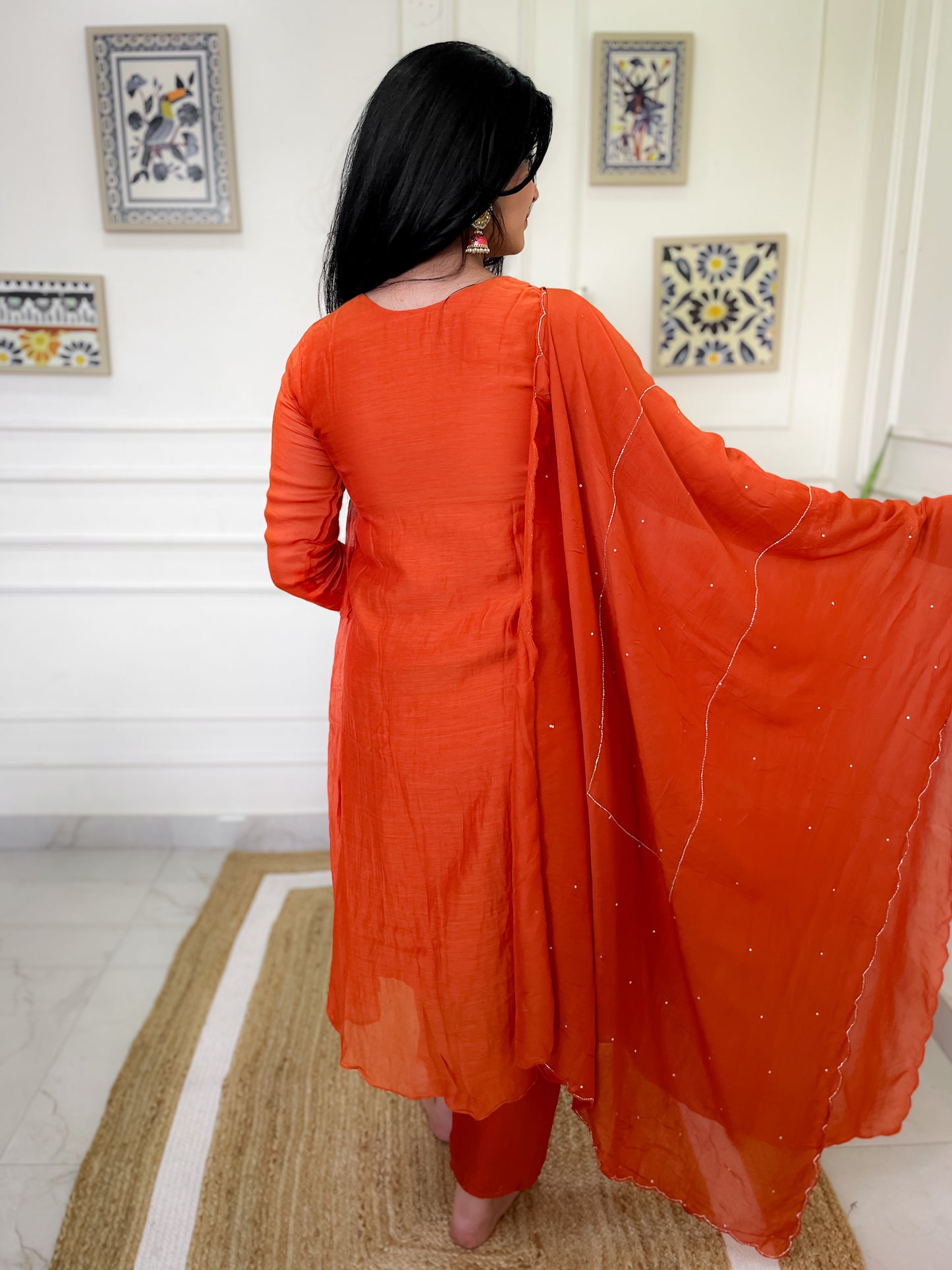 Pure Mul Chanderi gather Suit set with intricate hand embroidery- Orange