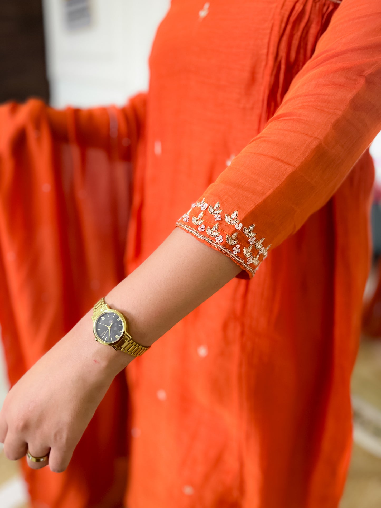 Pure Mul Chanderi gather Suit set with intricate hand embroidery- Orange
