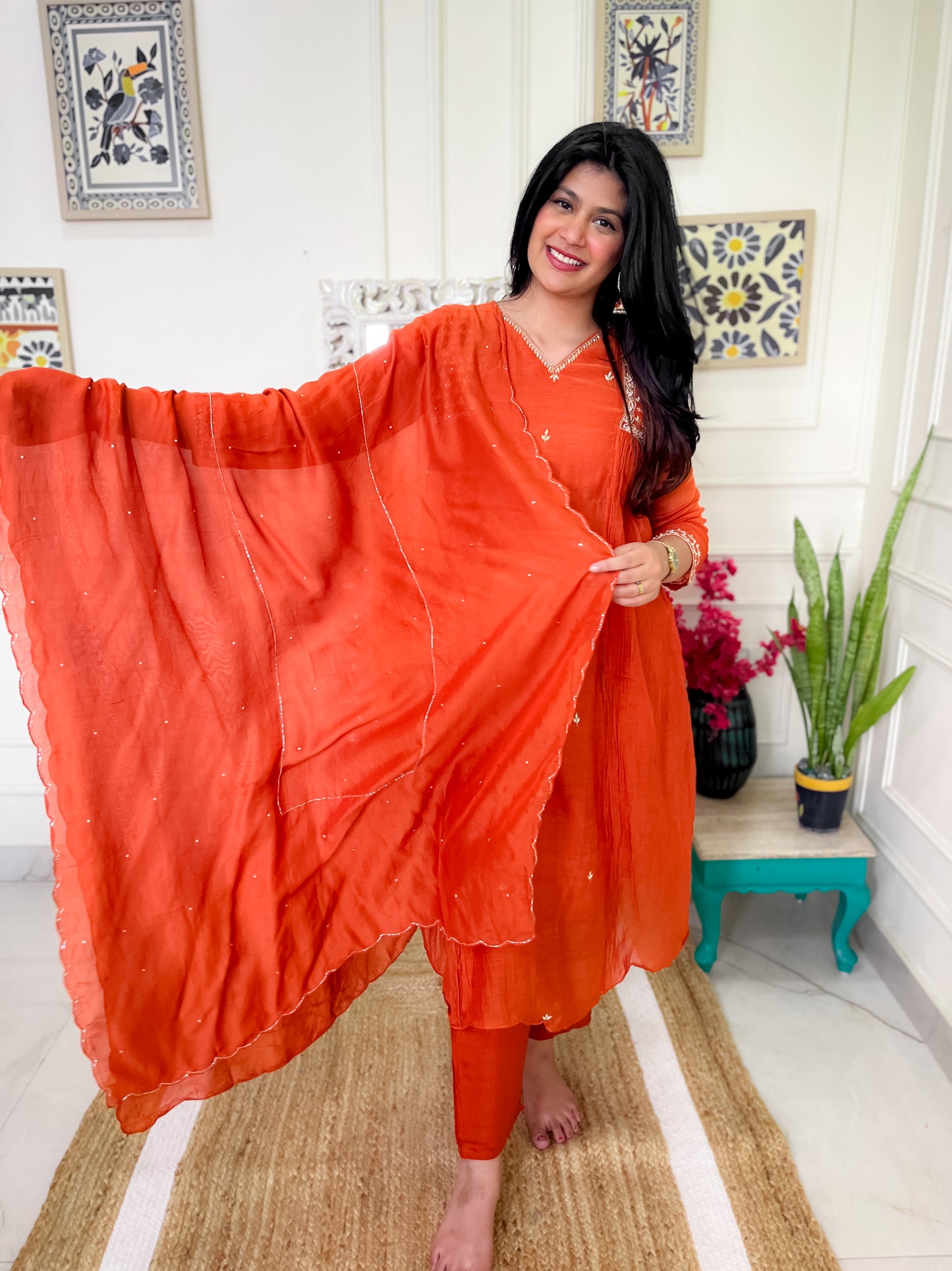 Pure Mul Chanderi gather Suit set with intricate hand embroidery- Orange