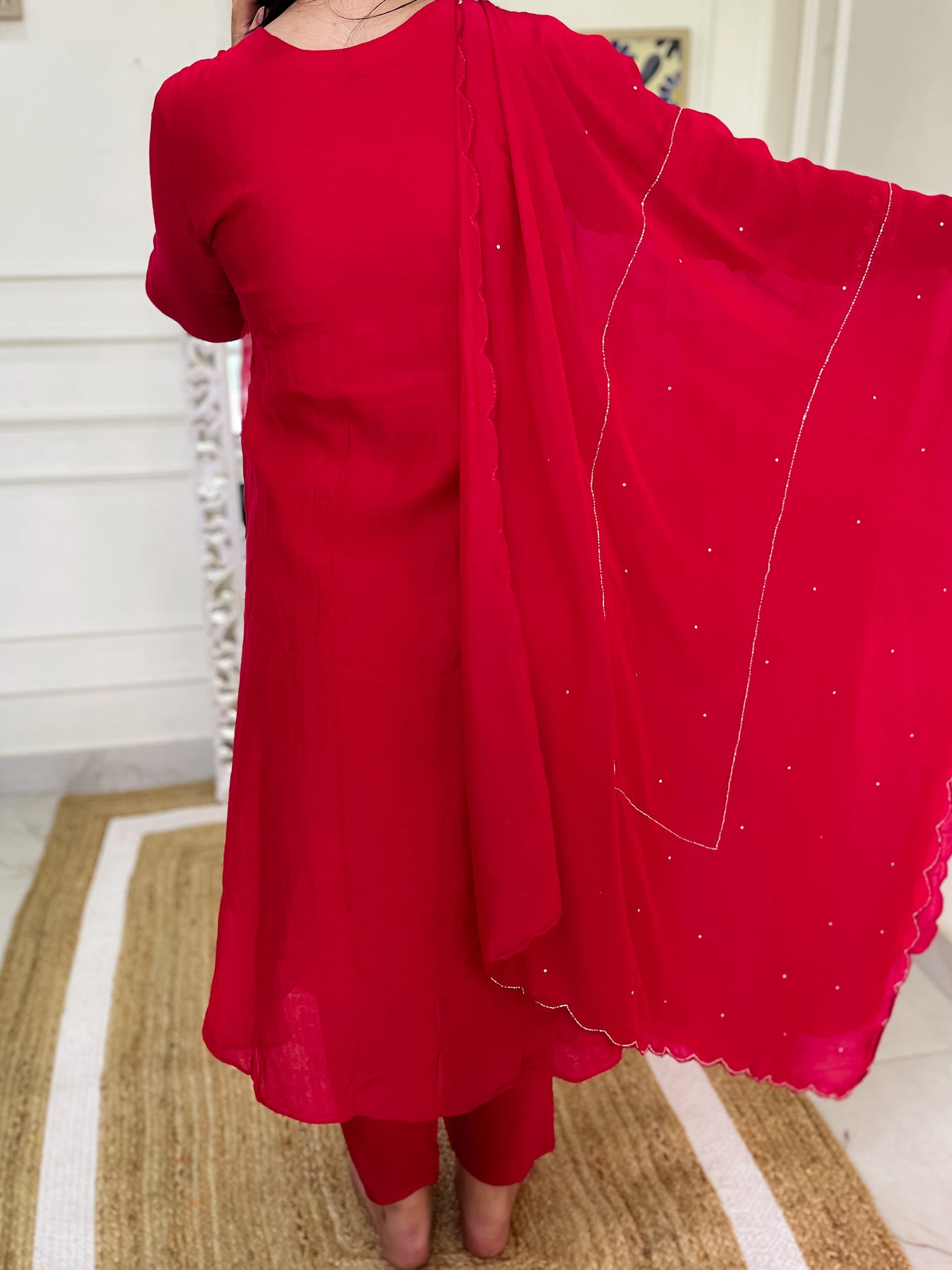Pure Mul Chanderi gather Suit set with intricate hand embroidery- Red