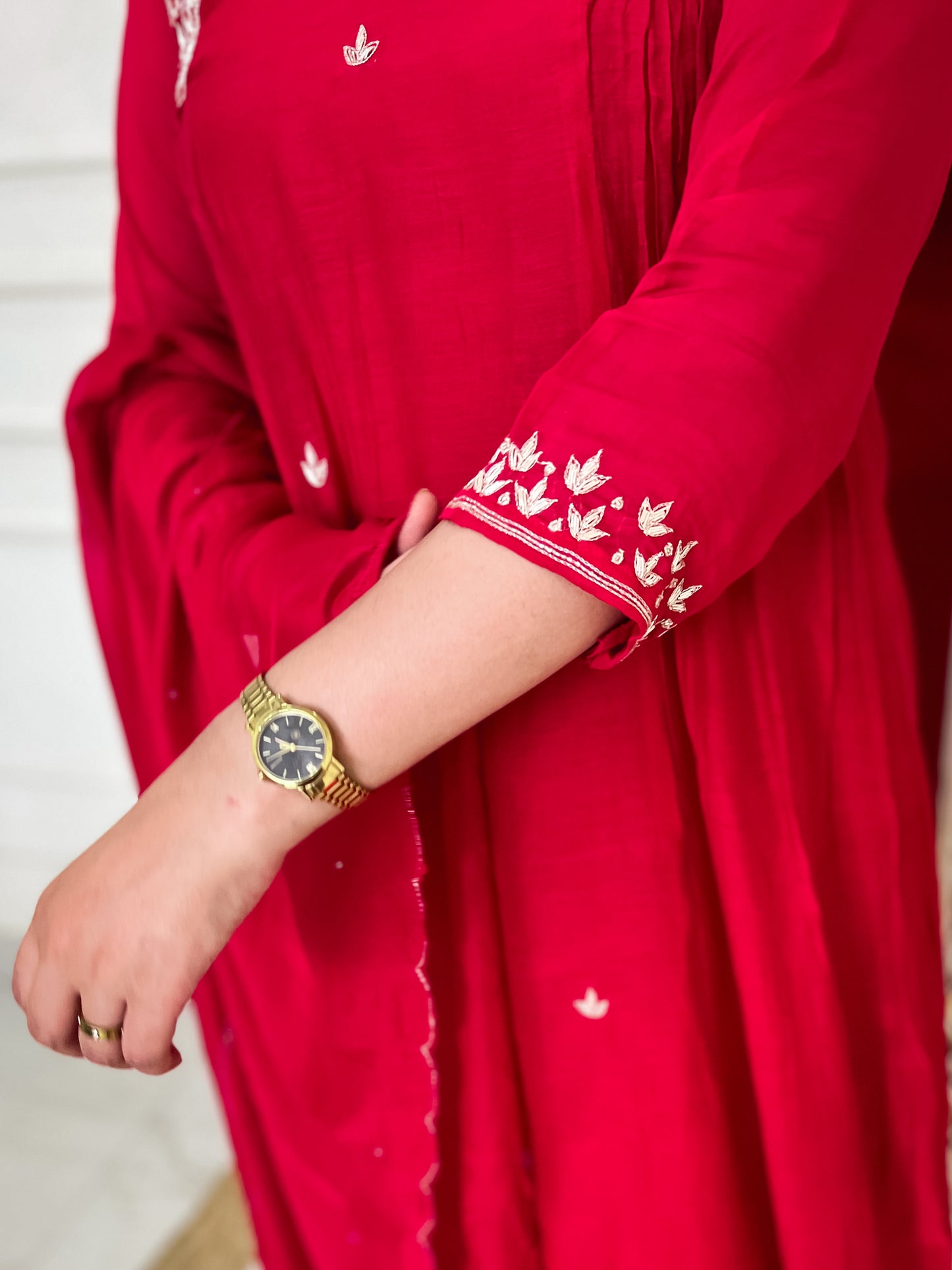 Pure Mul Chanderi gather Suit set with intricate hand embroidery- Red