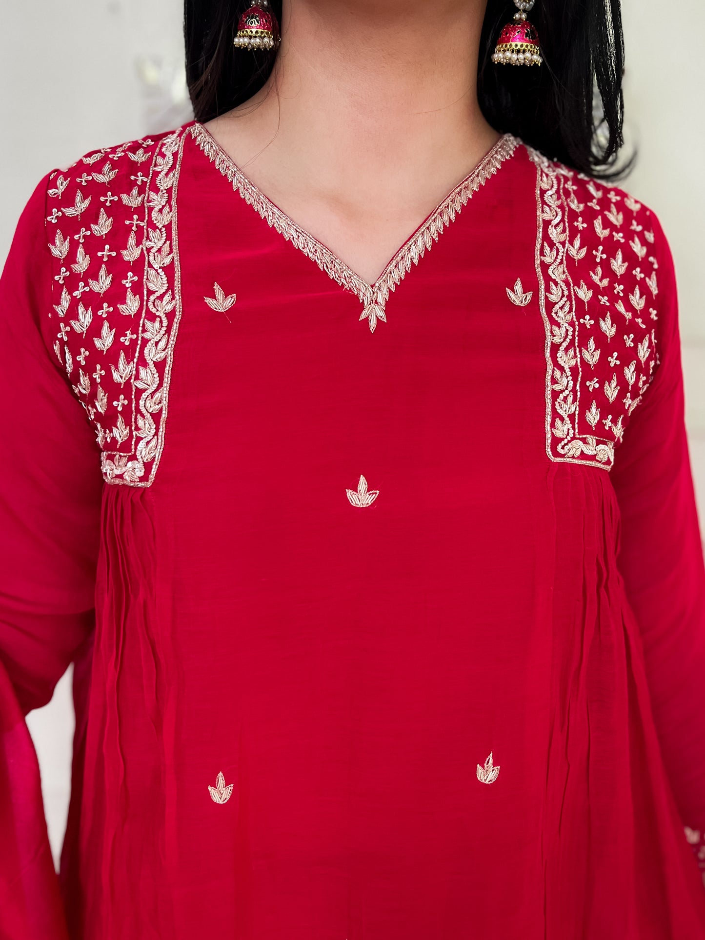 Pure Mul Chanderi gather Suit set with intricate hand embroidery- Red